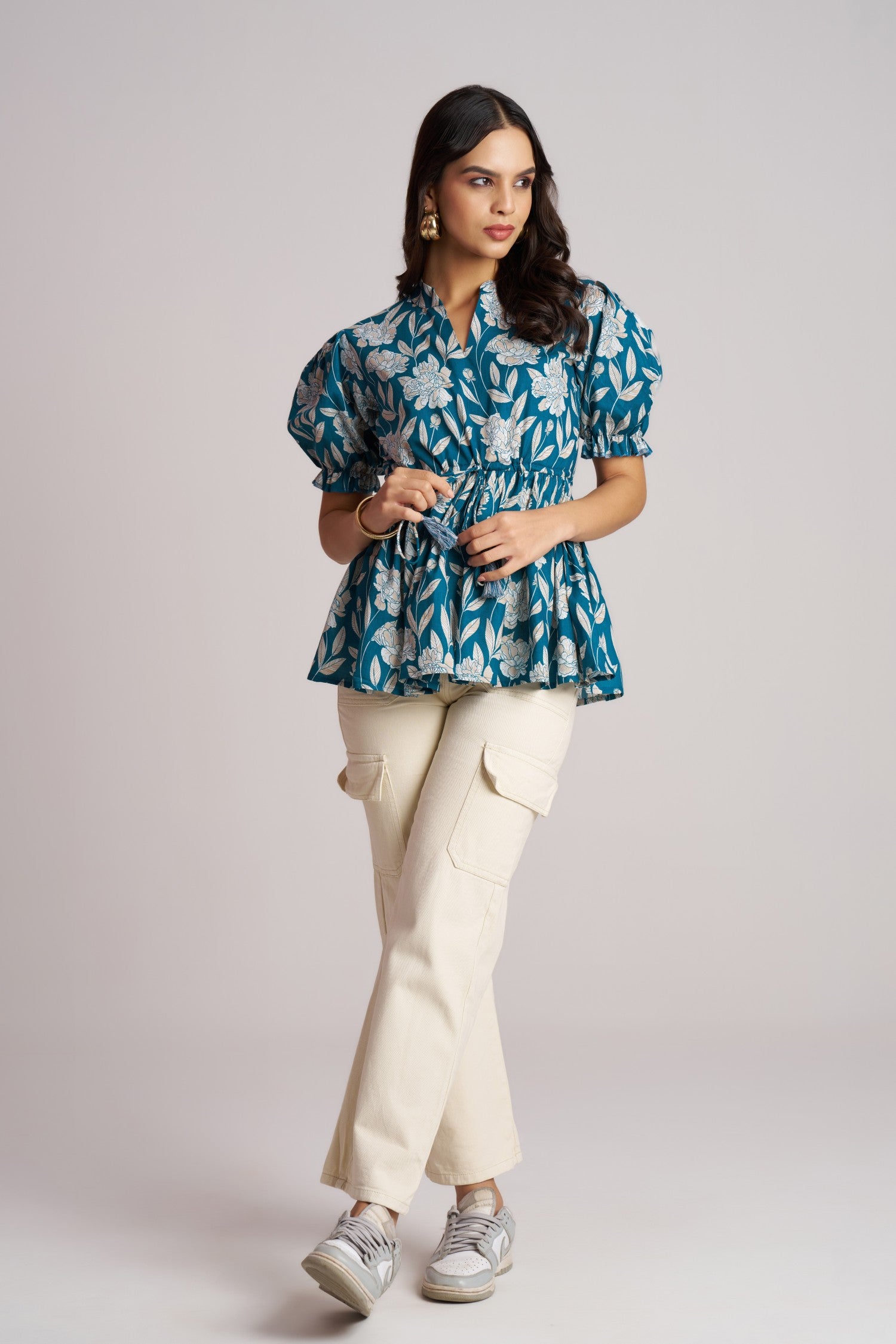 Olive Bloom Puff Sleeve Peplum Top