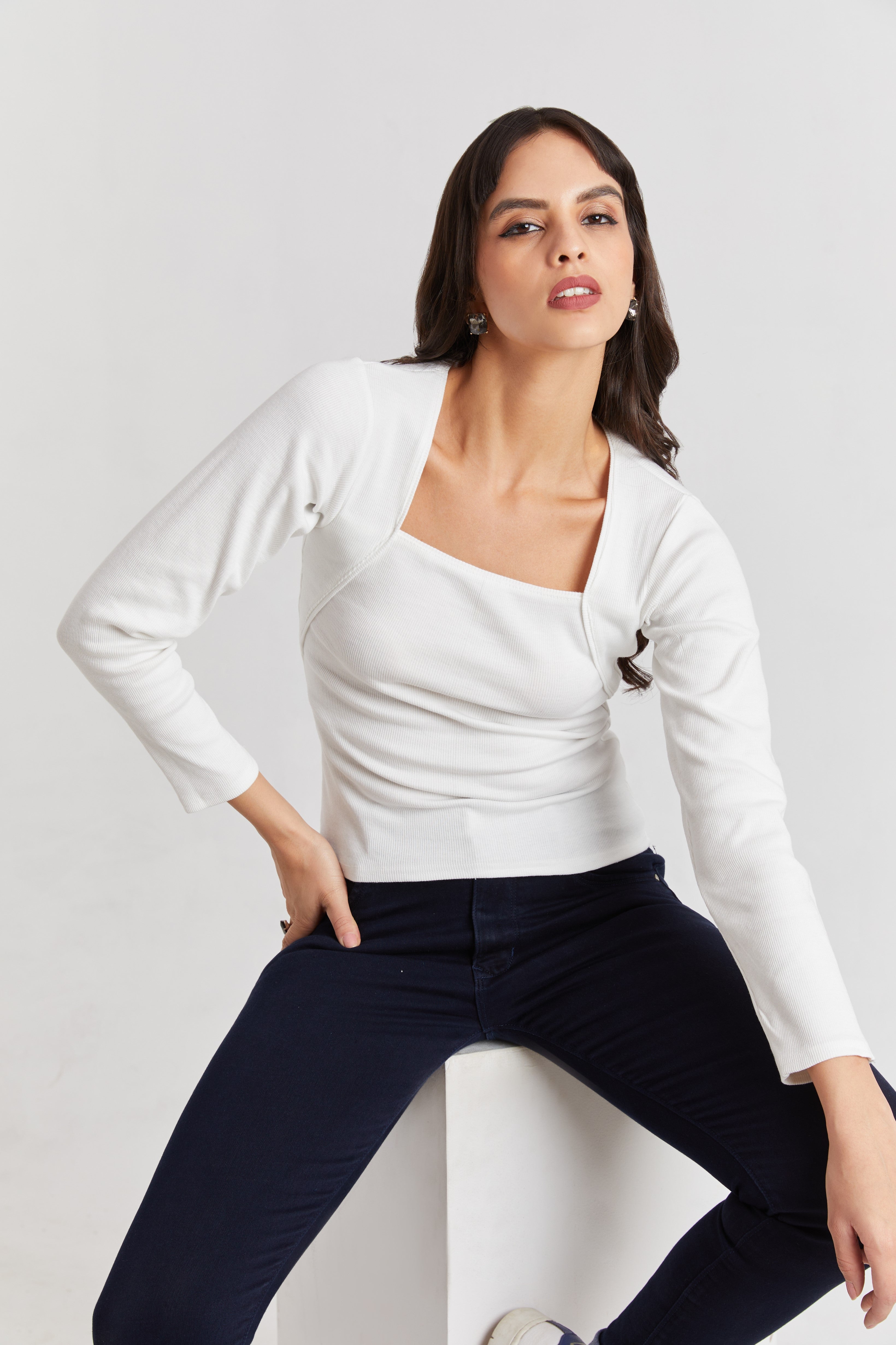 Black Ribbed Square Neck Top