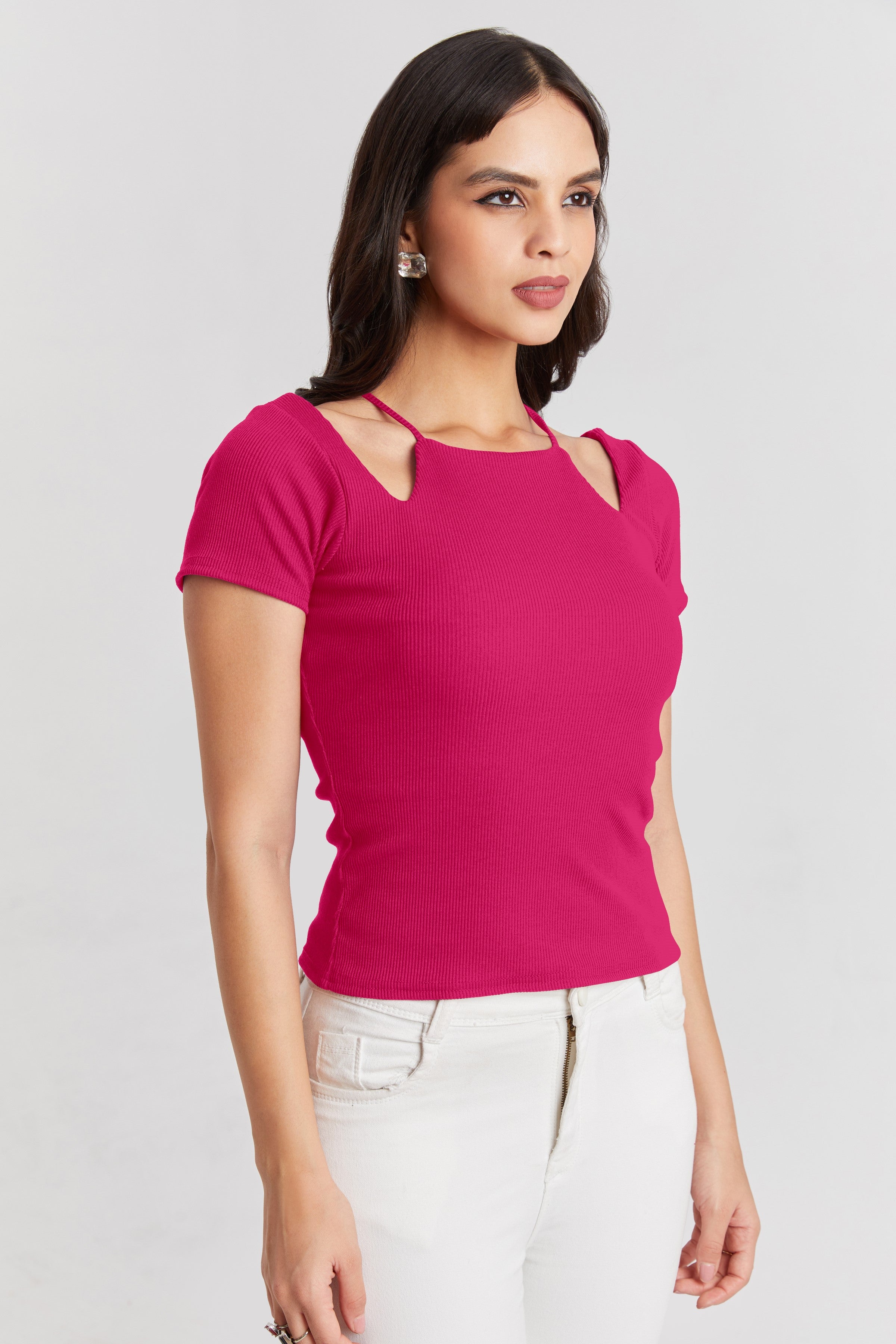Midnight Pink Ribbed Cutout Top