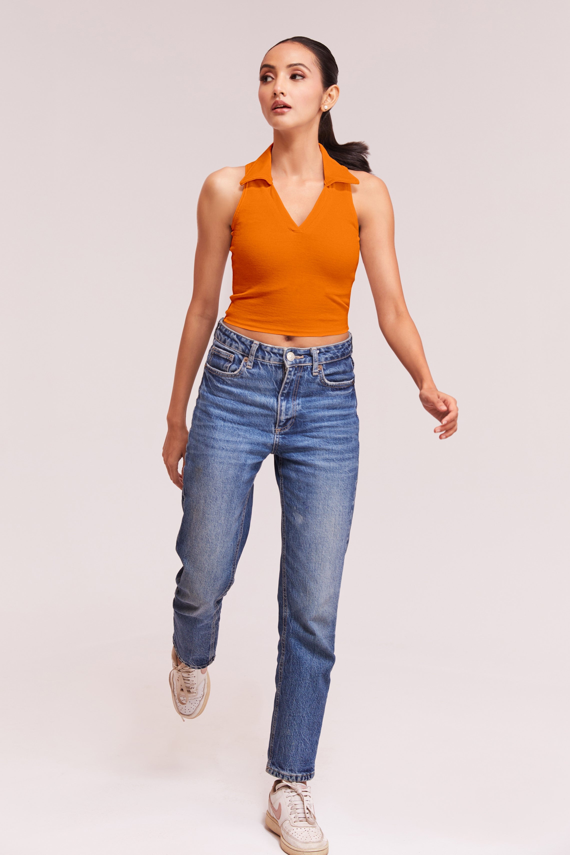 Orange-Ribbed Collared Sleeveless Crop Top