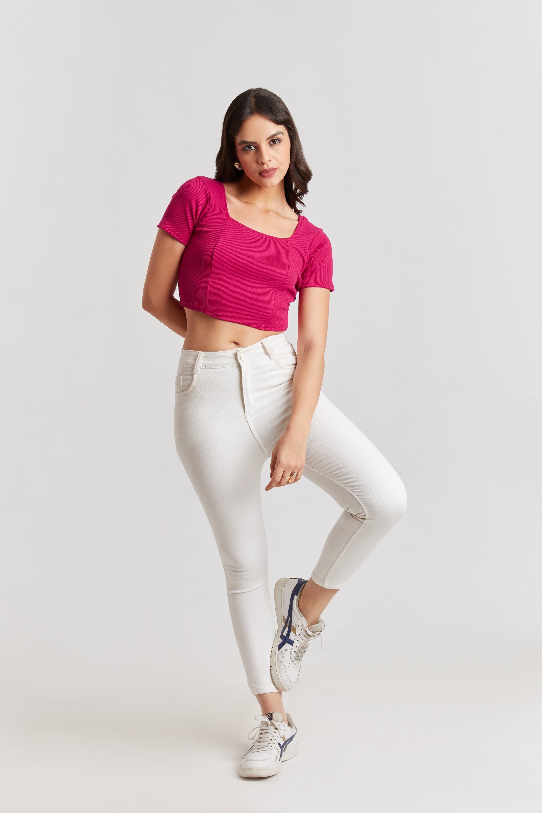 Pink Ribbed Square Neck Crop Top