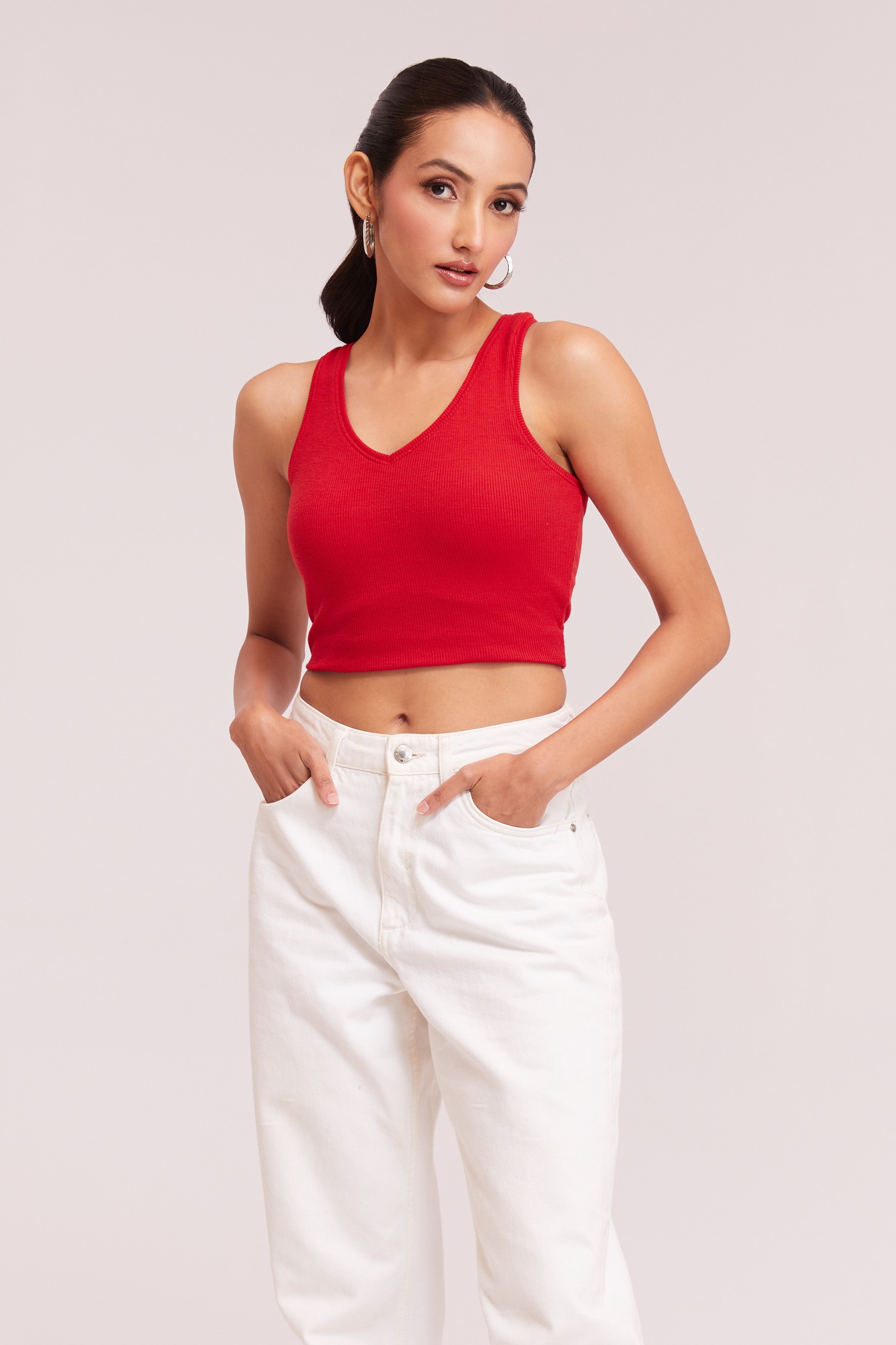 Red Ribbed V-Neck Sleeveless Crop Top