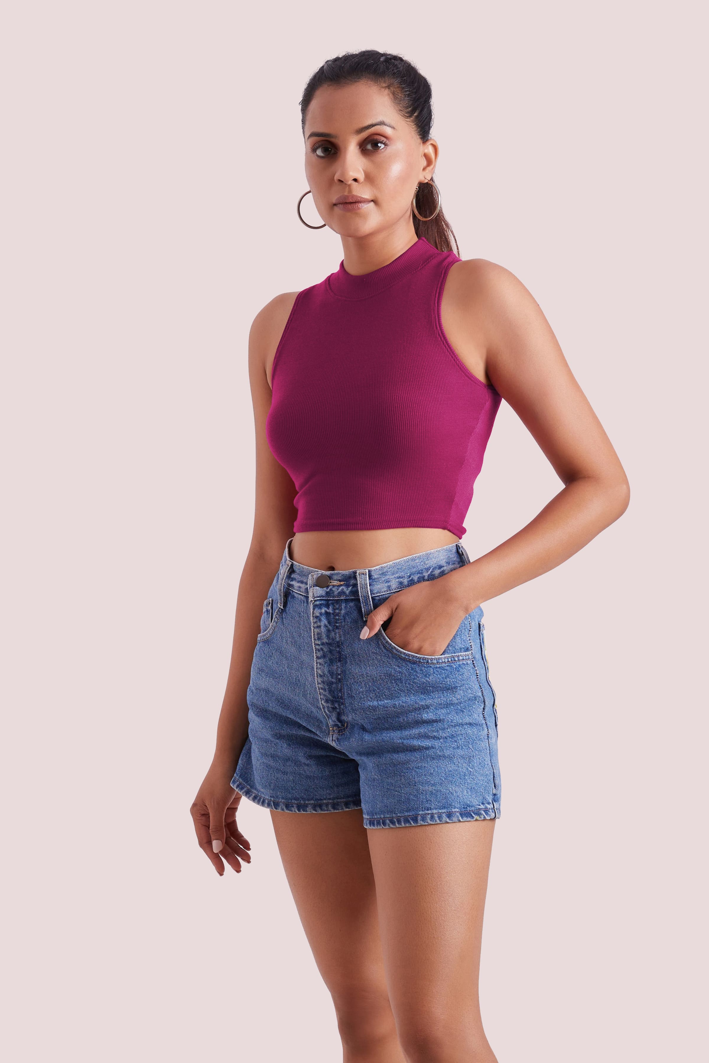 Wine Ribbed High Neck Sleeveless Crop Top