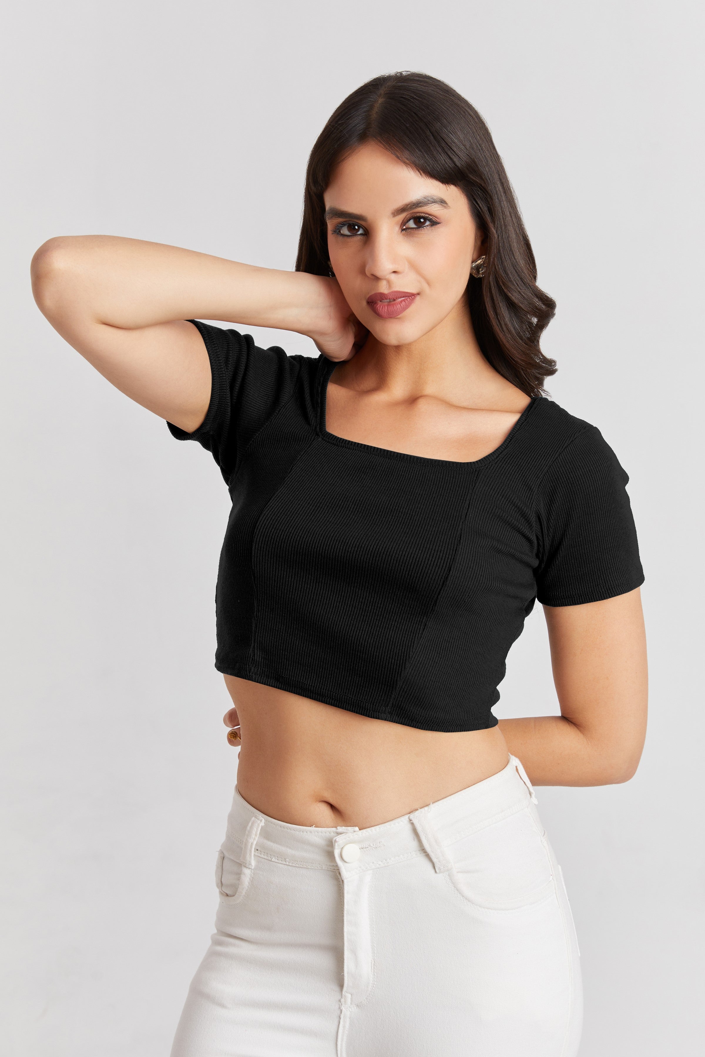 Black Ribbed Square Neck Crop Top