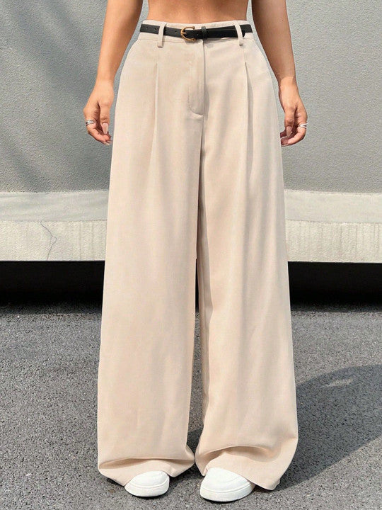 Chic High-Waist Beige Wide Leg Formal Trousers