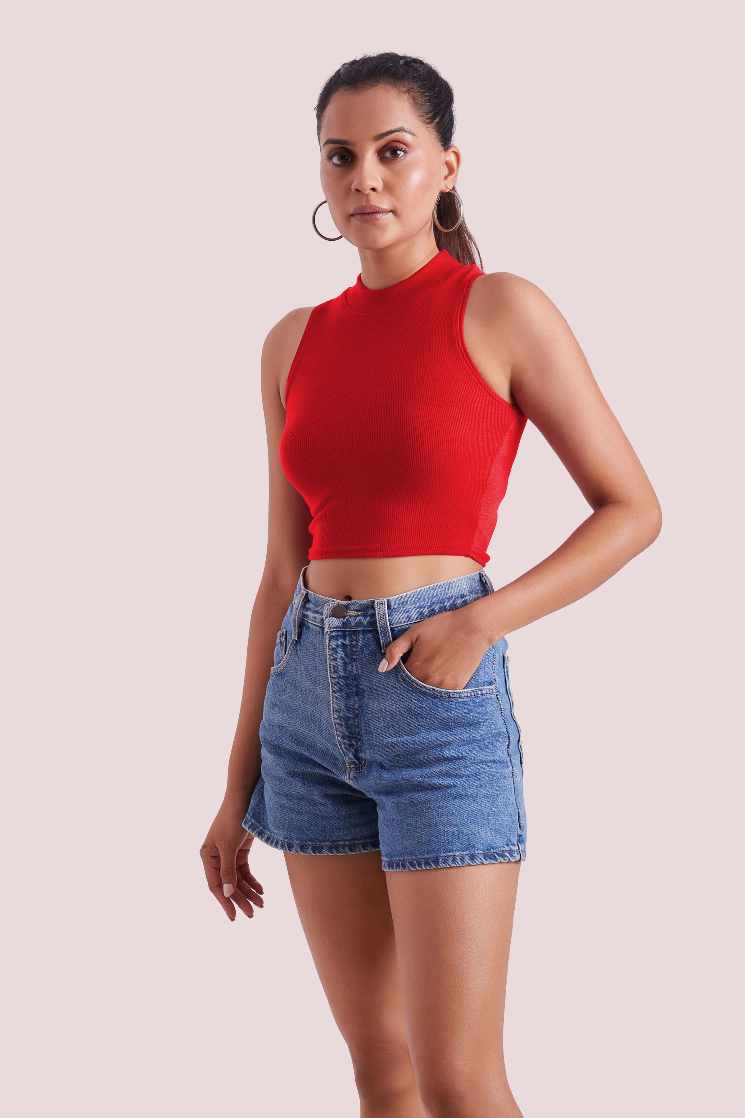 Red Ribbed High Neck Sleeveless Crop Top