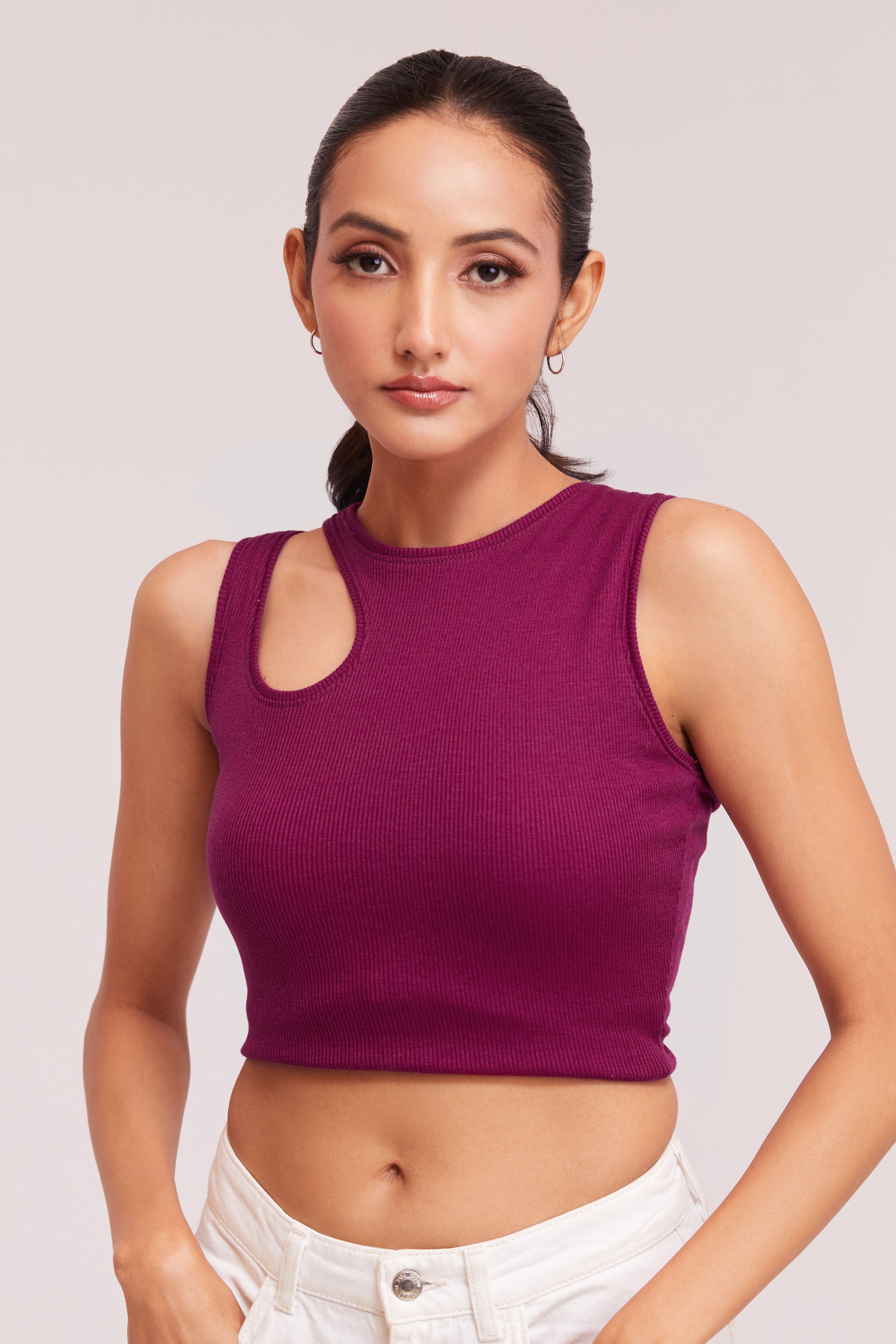 Orange & White-Ribbed Sleeveless Cut-Out Tank Top
