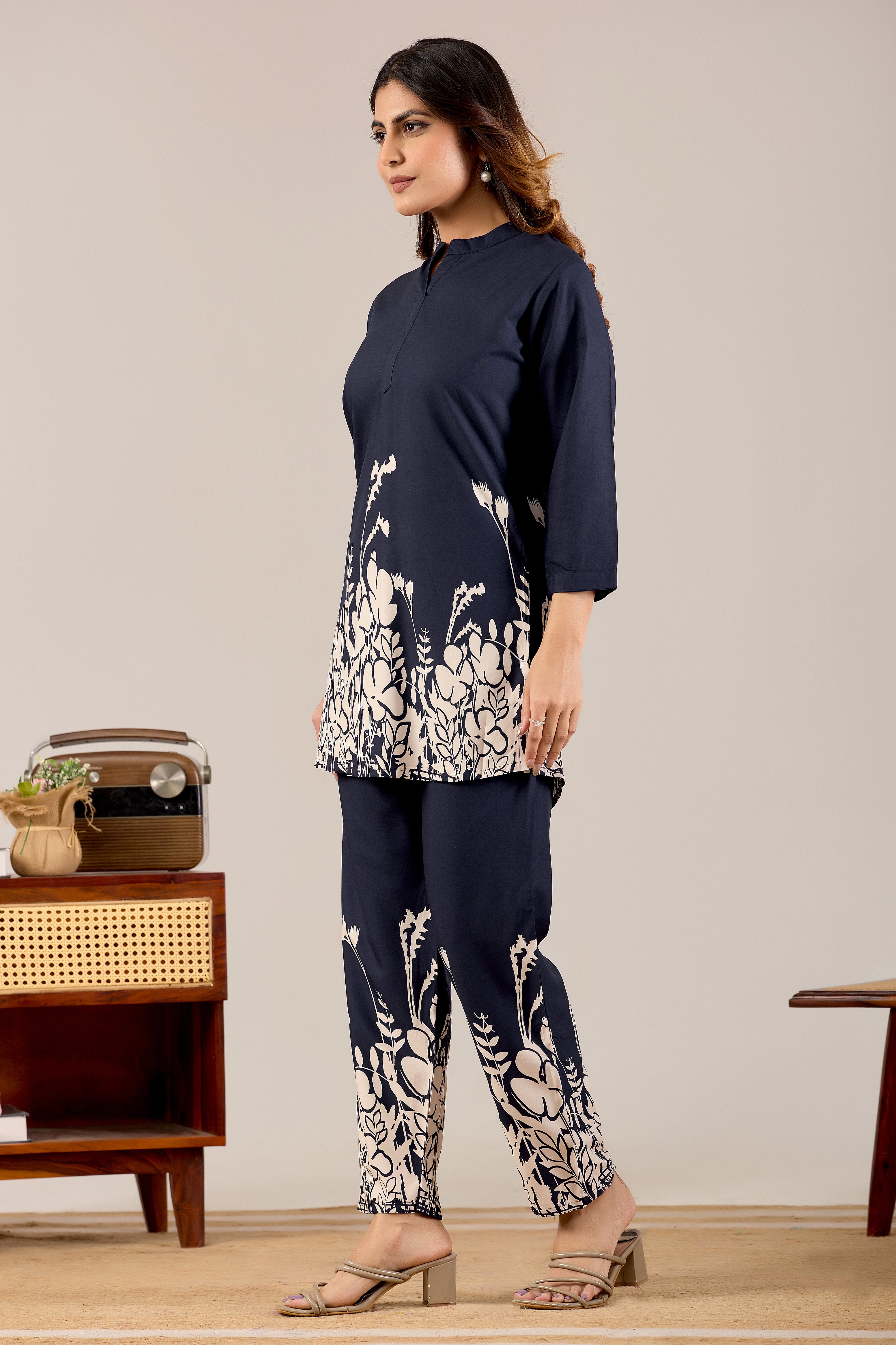 Navy Blue Floral Silhouette Co-ord Set
