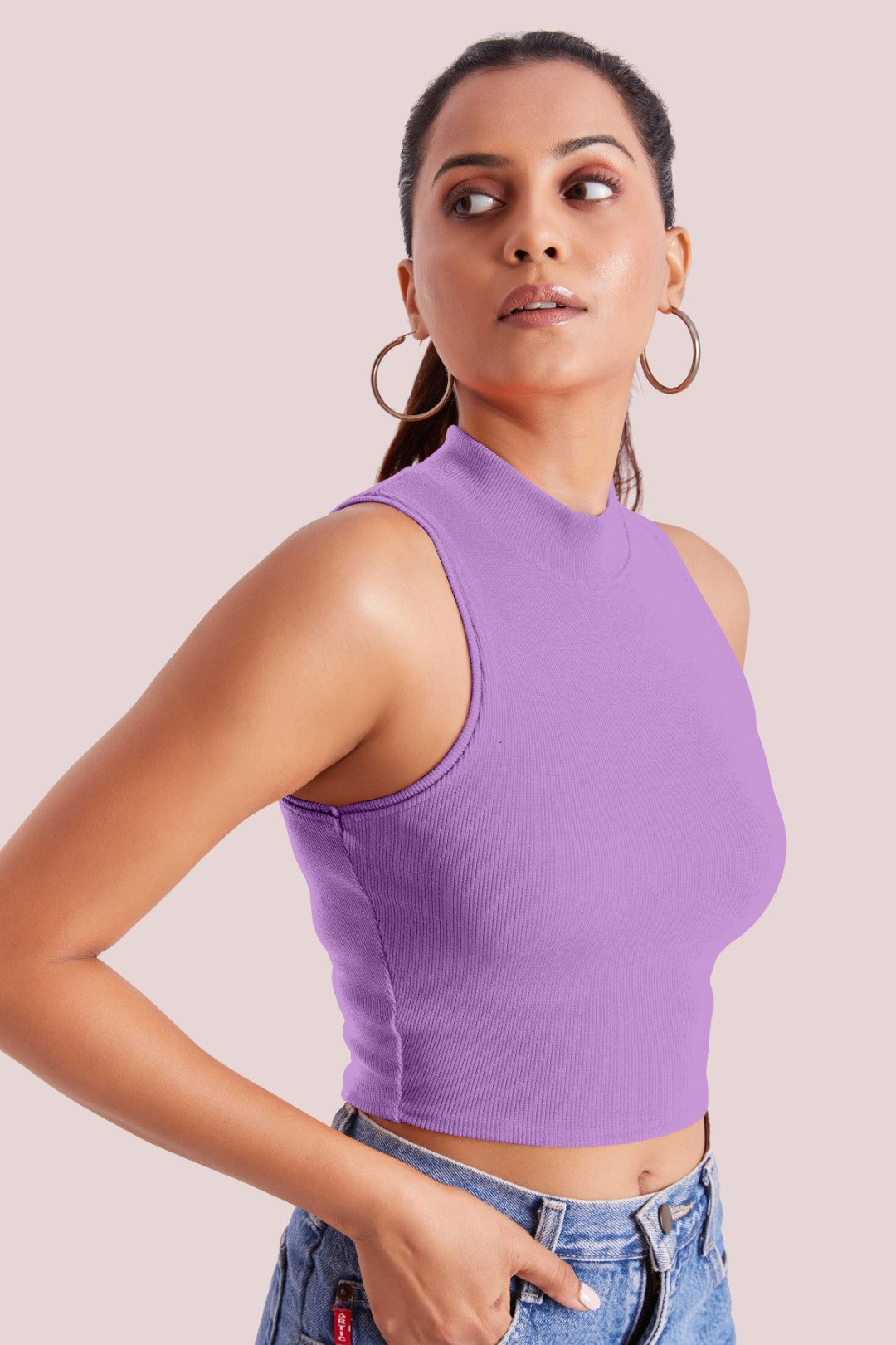 Levander Ribbed High Neck Sleeveless Crop Top