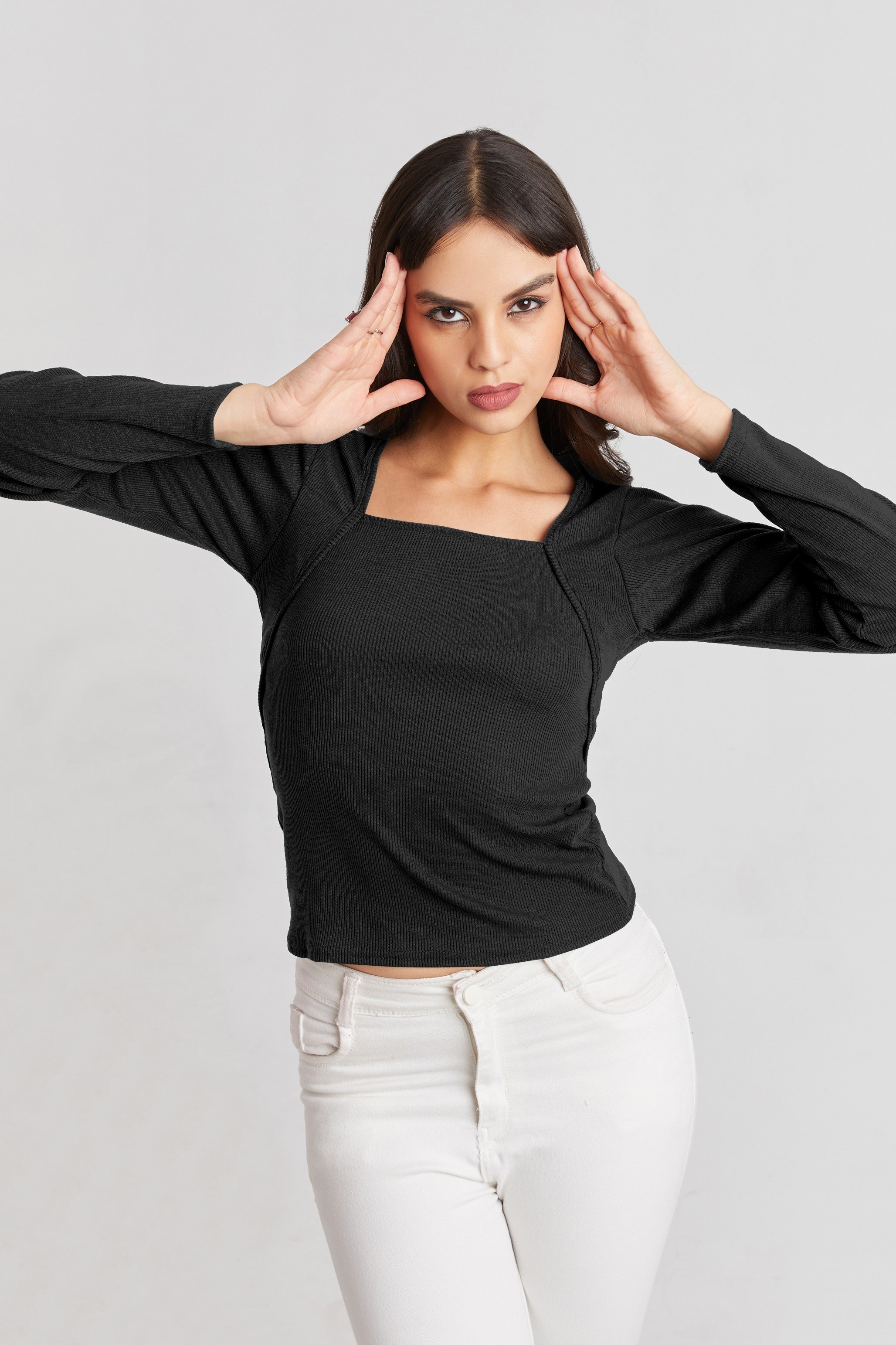 Deep Red Ribbed Square Neck Top