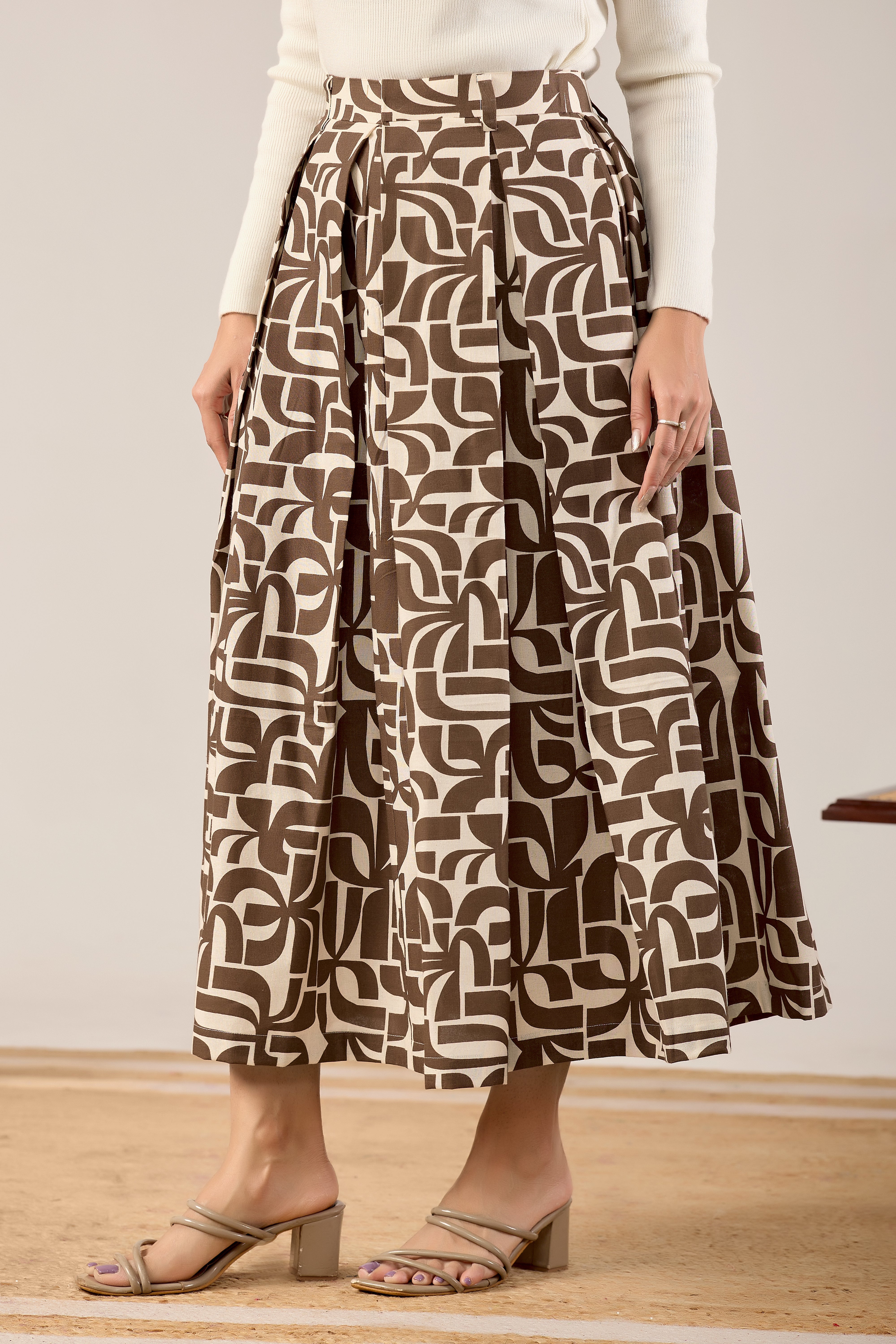 Cocoa Geometry Pleated Midi Skirt