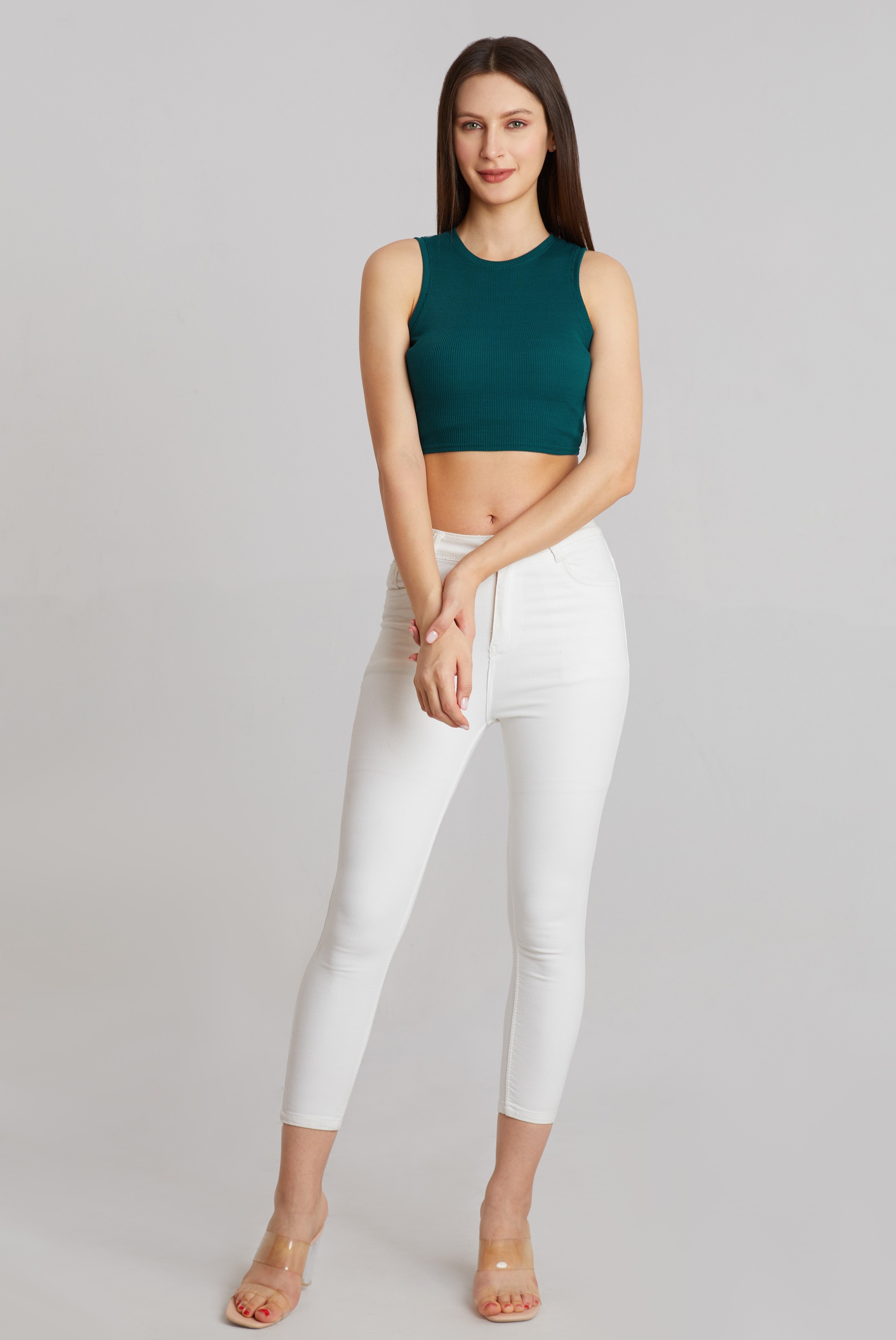 Teal Green Ribbed Sleeveless Crop Top