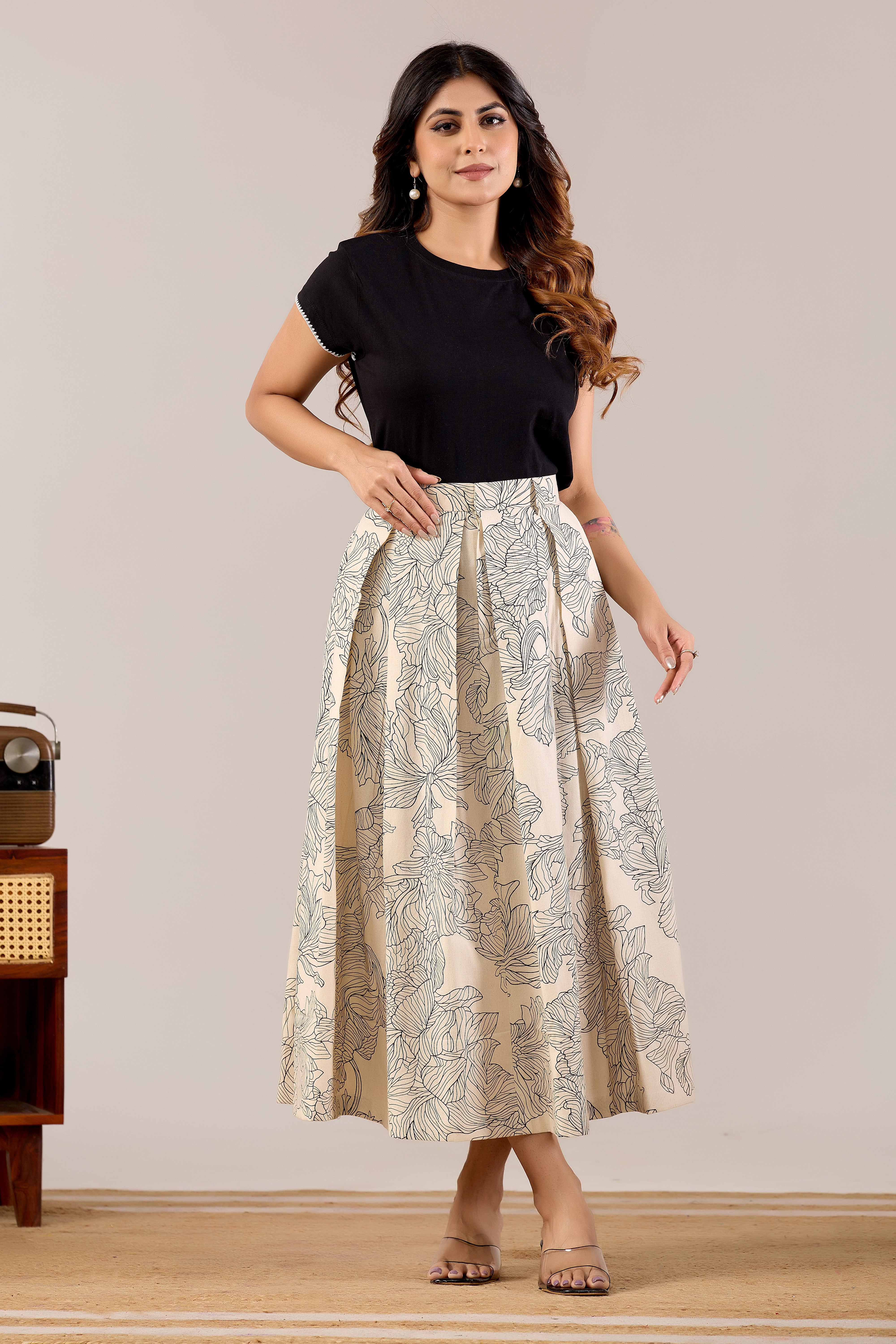 Ivory Line Art Floral Midi Skirt