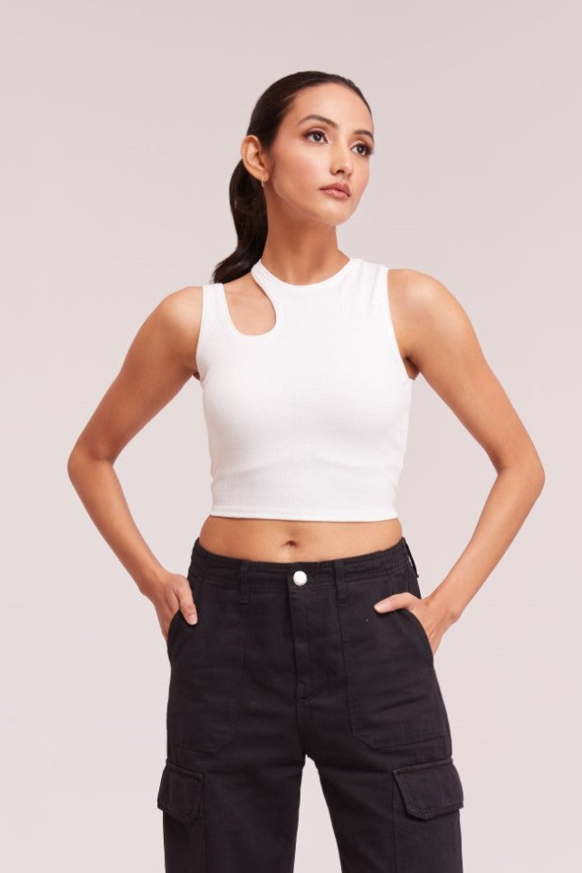Wine-Ribbed Sleeveless Cut-Out Tank Top