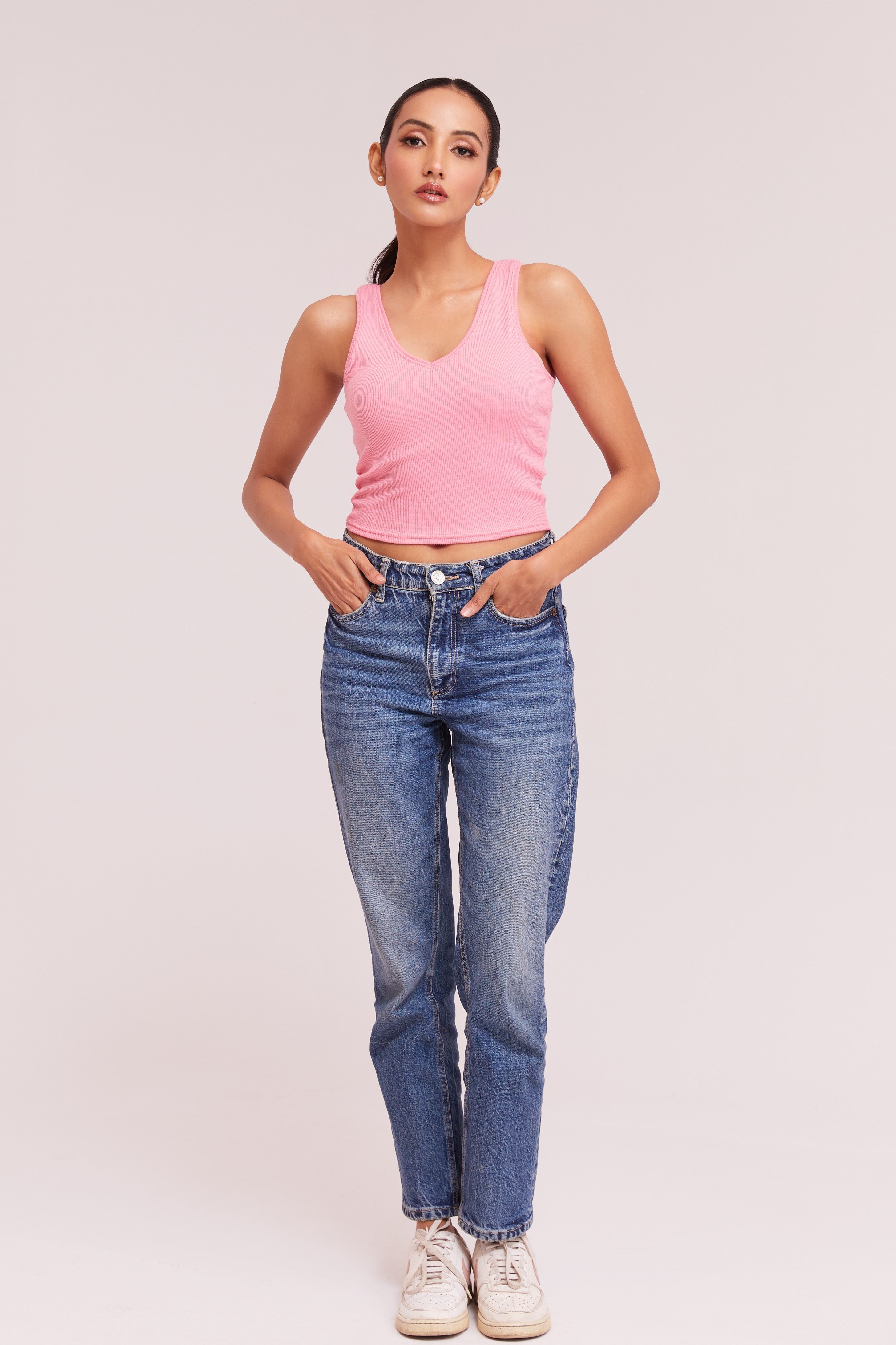 Soft Pink Ribbed Scoop Neck Sleeveless Crop Top