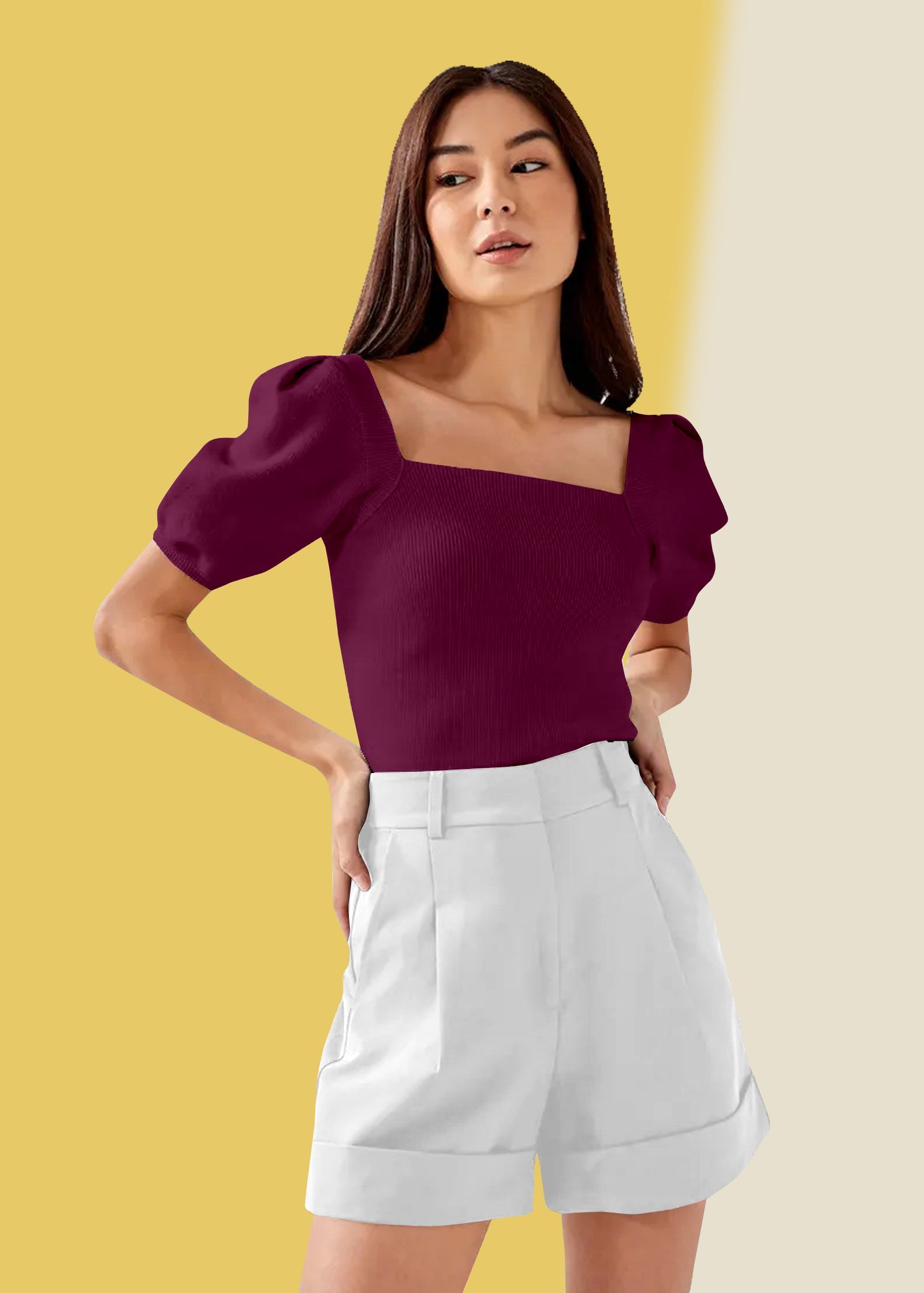 Rich Wine Square Neck Knit Top