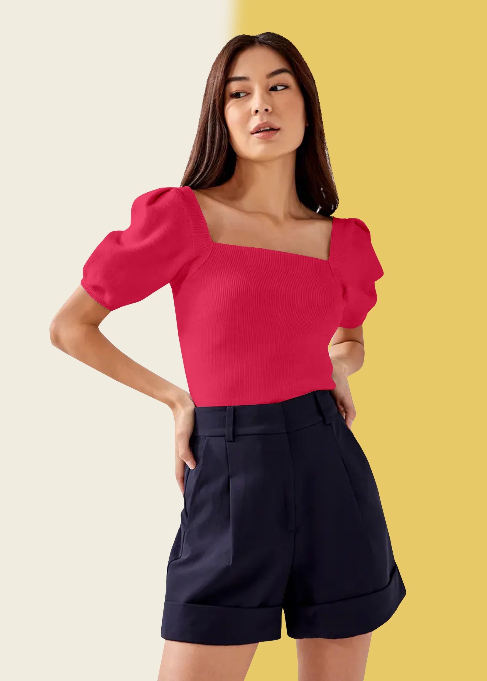 Pink Puff Sleeve Square Neck Top