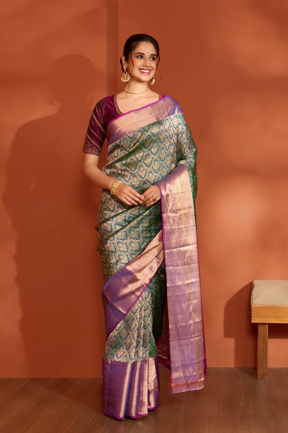 Teal Banarasi Silk Saree with Lavender Zari Pallu