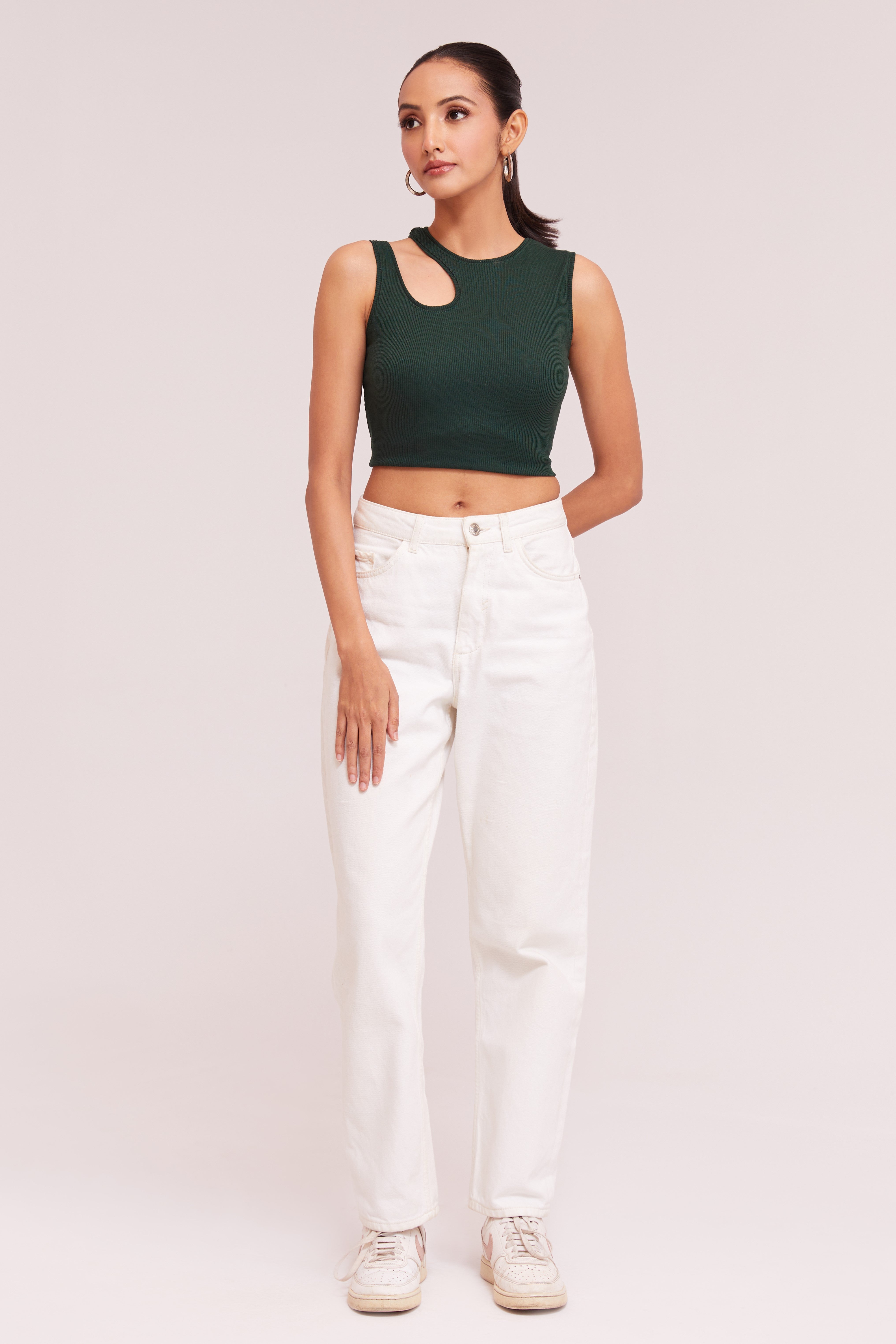 Wine-Ribbed Sleeveless Cut-Out Tank Top