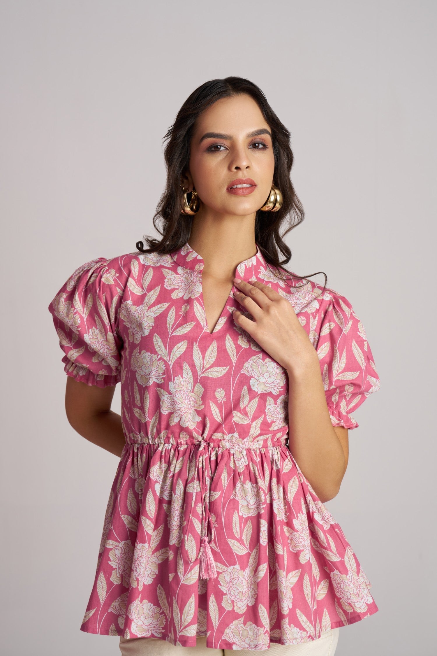 Rose Bloom Puff Sleeve Peplum Top
