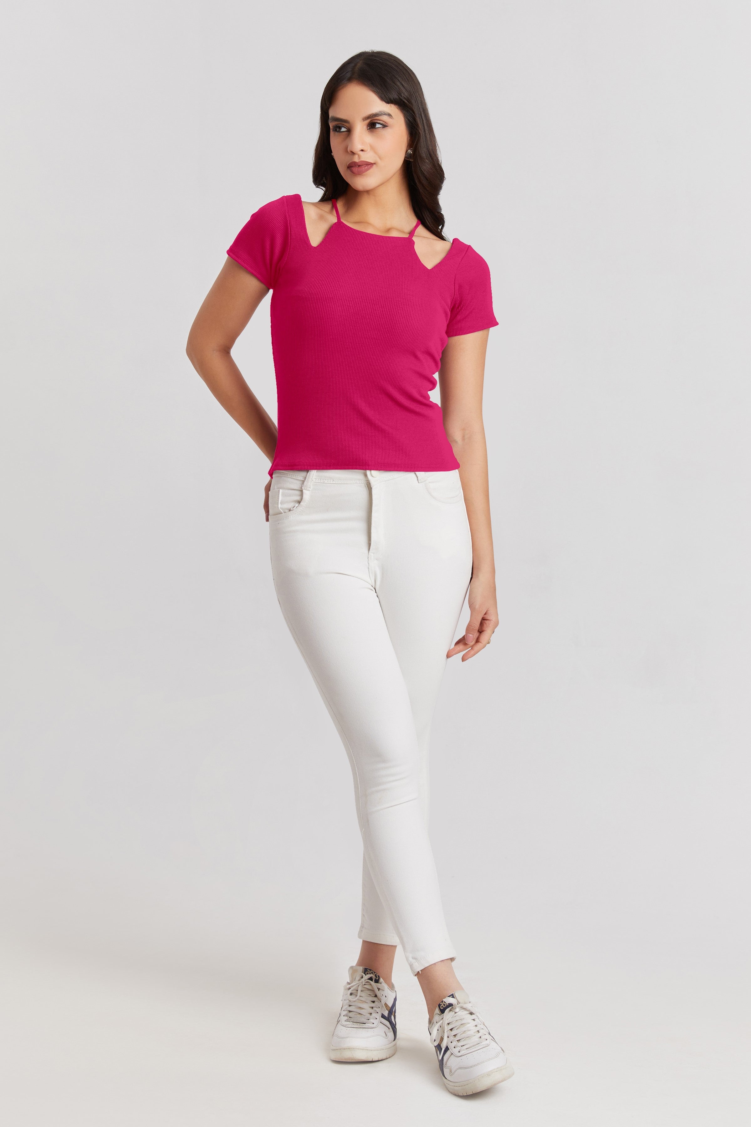 Midnight Pink Ribbed Cutout Top