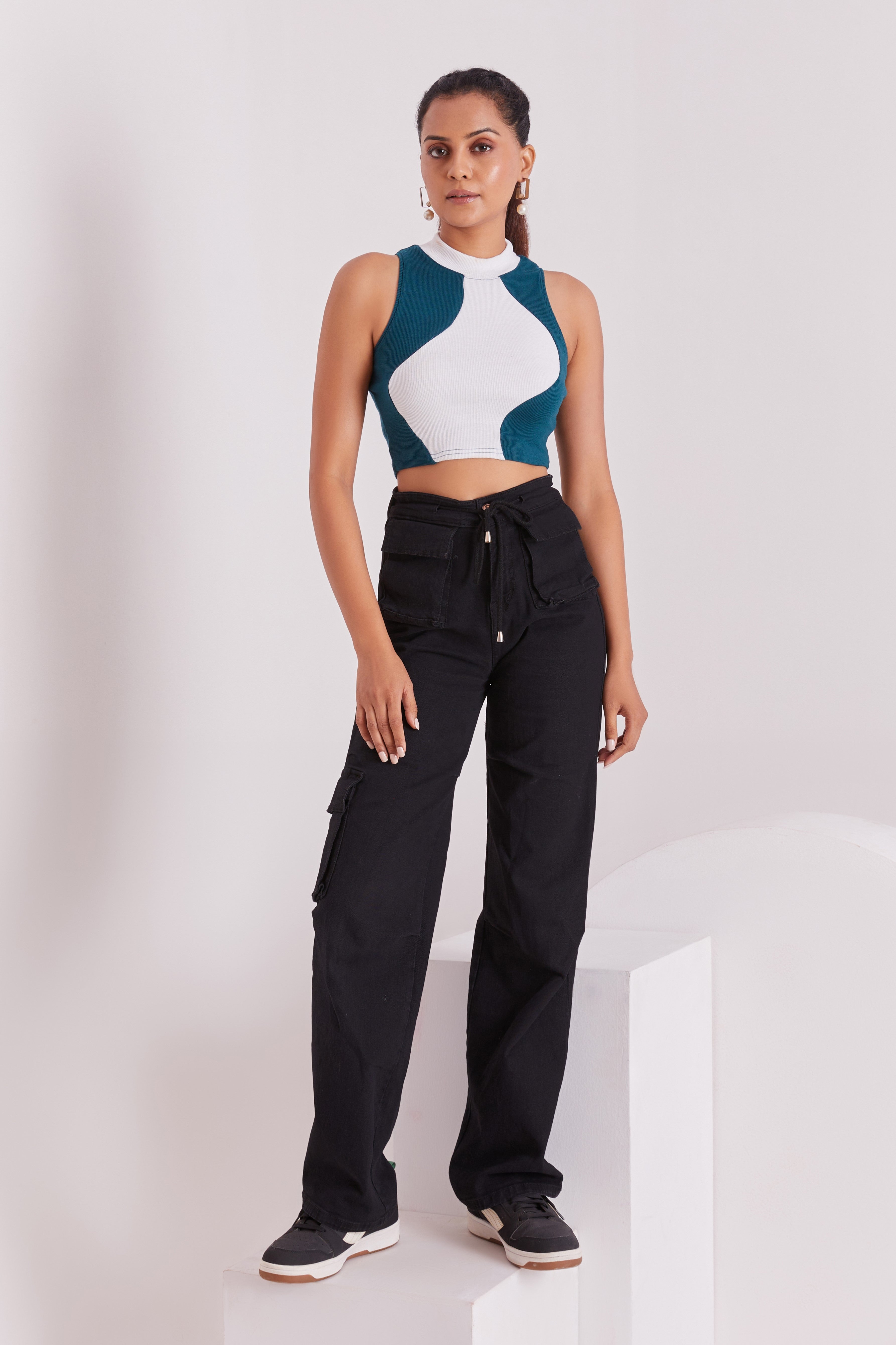Tail & White Ribbed High Neck Sleeveless Crop Top