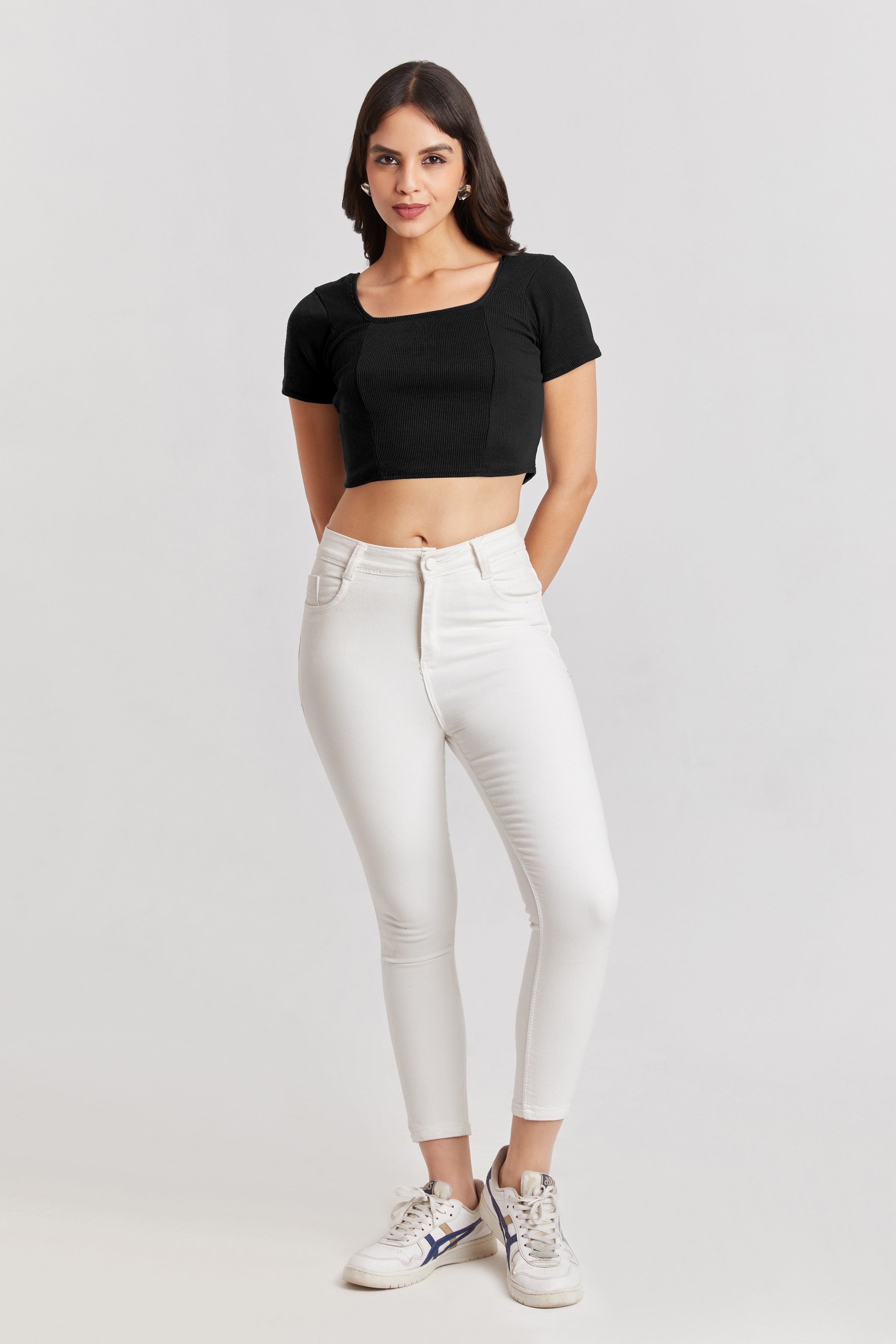 Black Ribbed Square Neck Crop Top