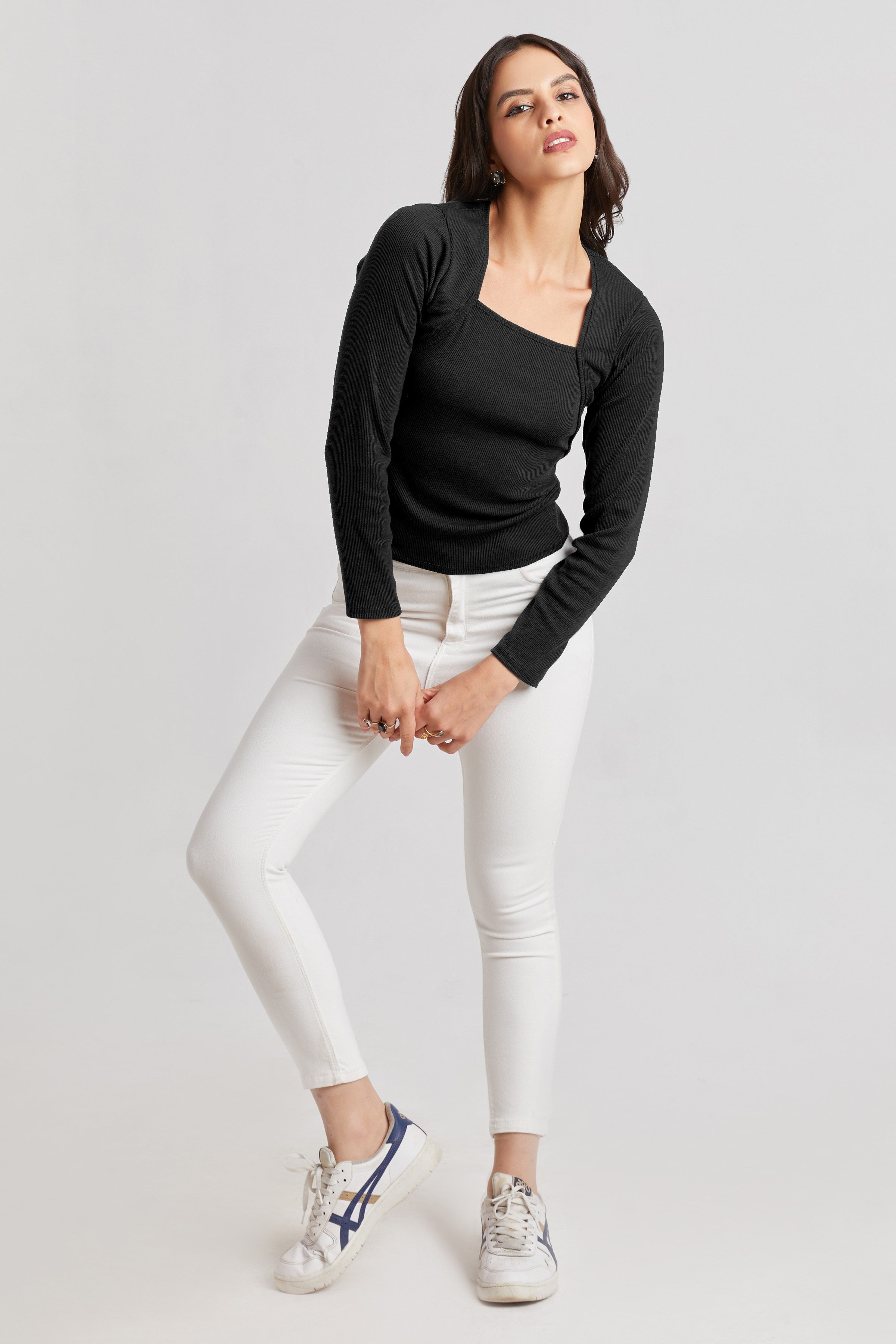 Deep Red Ribbed Square Neck Top
