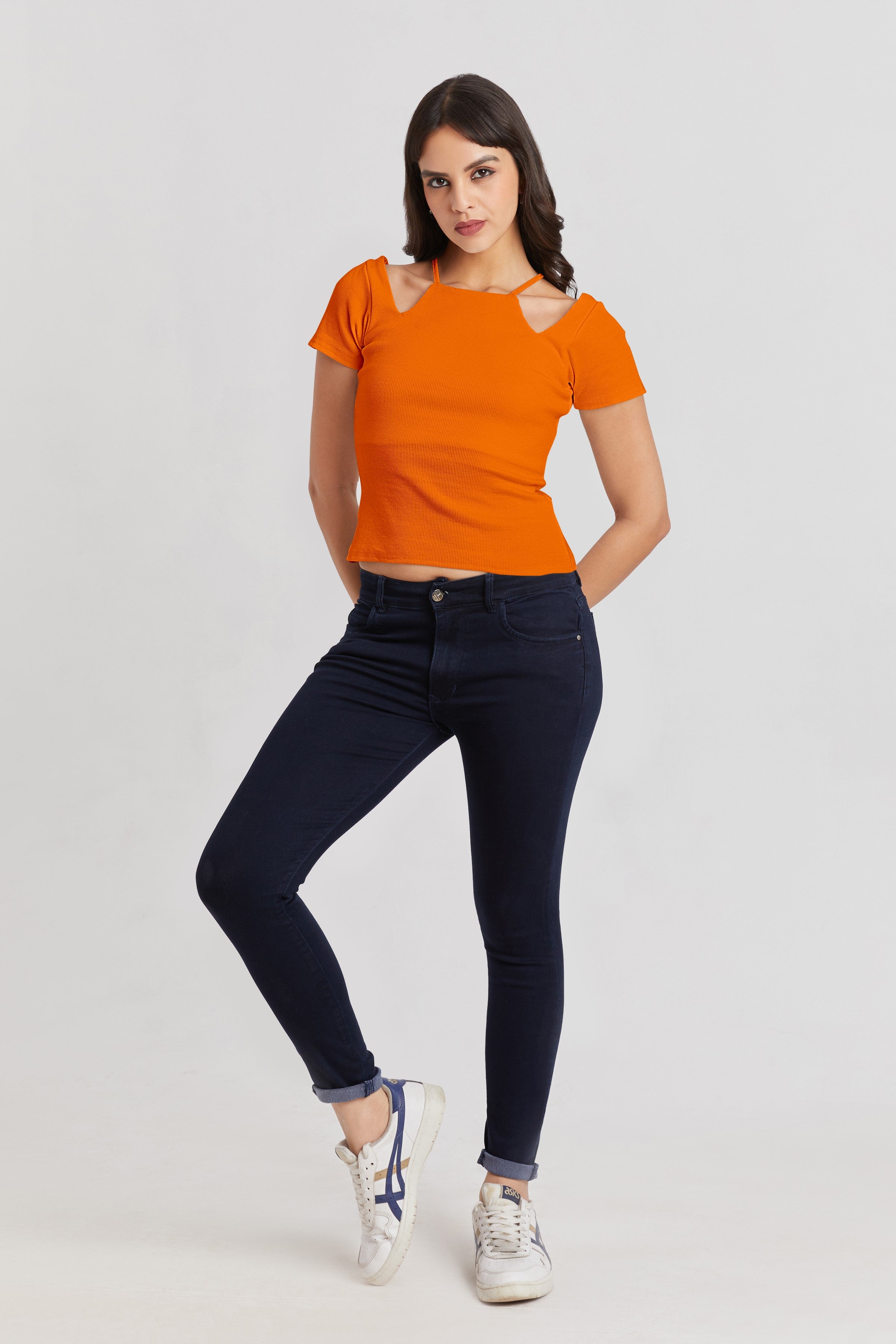 Midnight Orange Ribbed Cutout Top