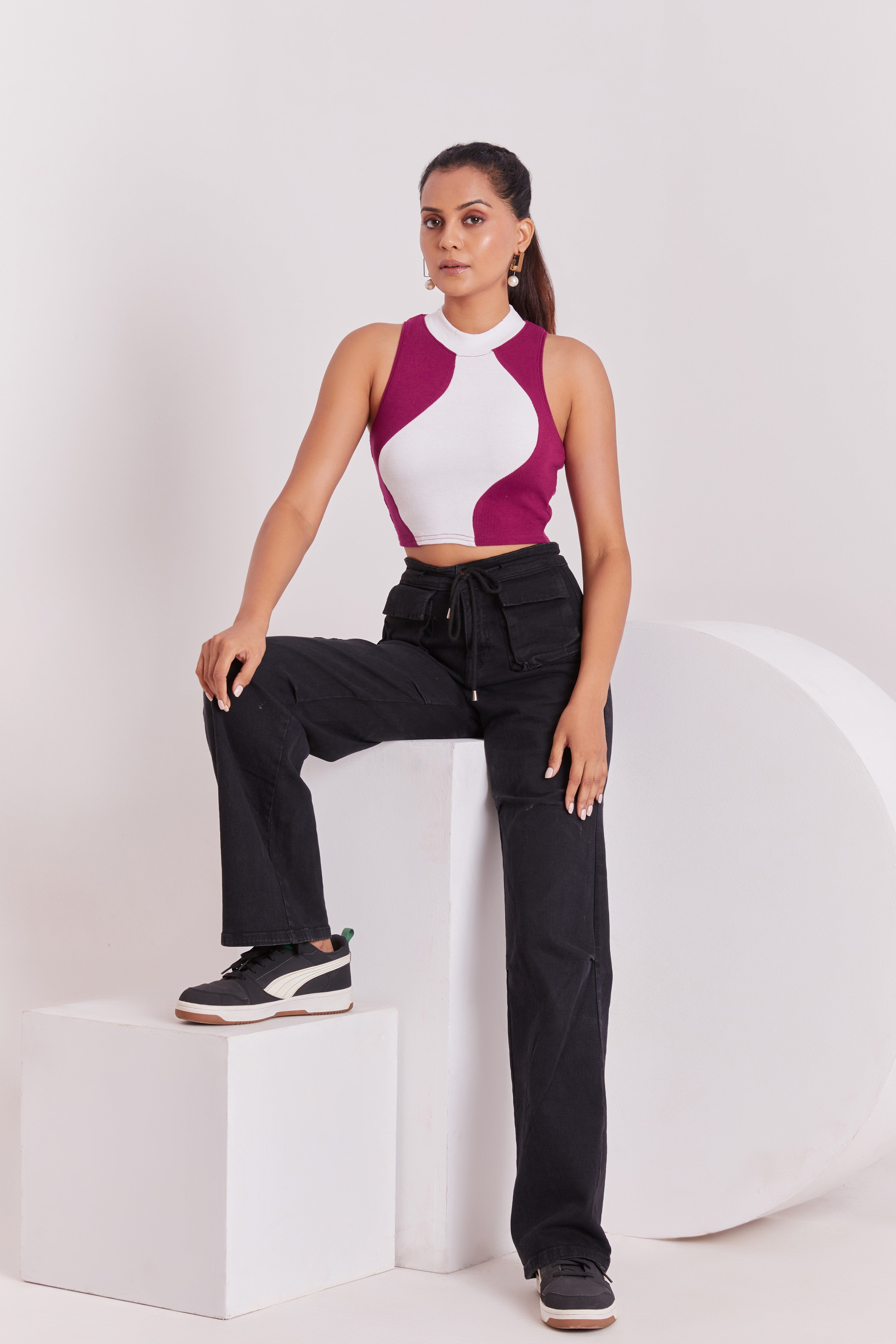 Wine & White Ribbed High Neck Sleeveless Crop Top