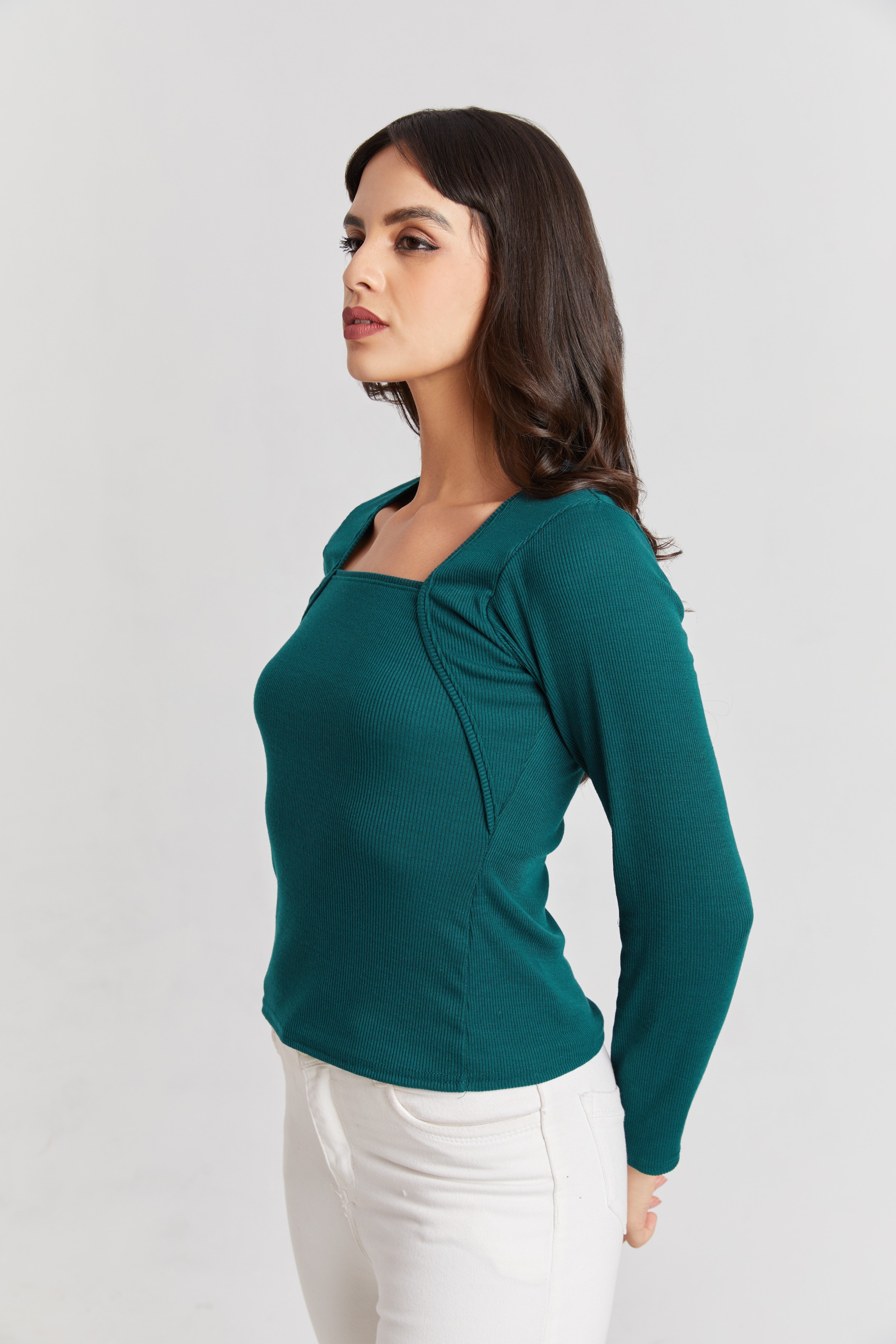 Teal Green Ribbed Square Neck Top