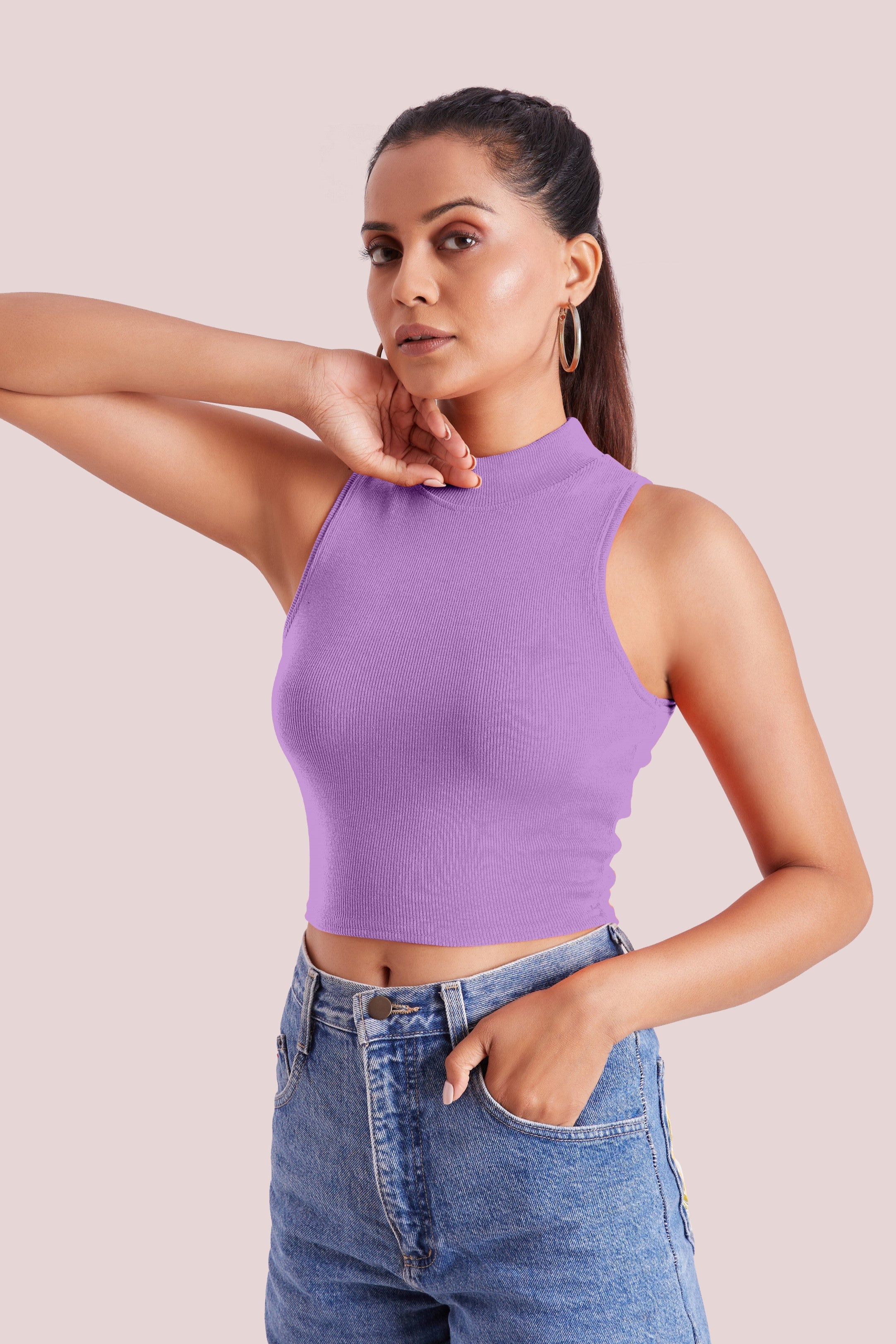 Levander Ribbed High Neck Sleeveless Crop Top