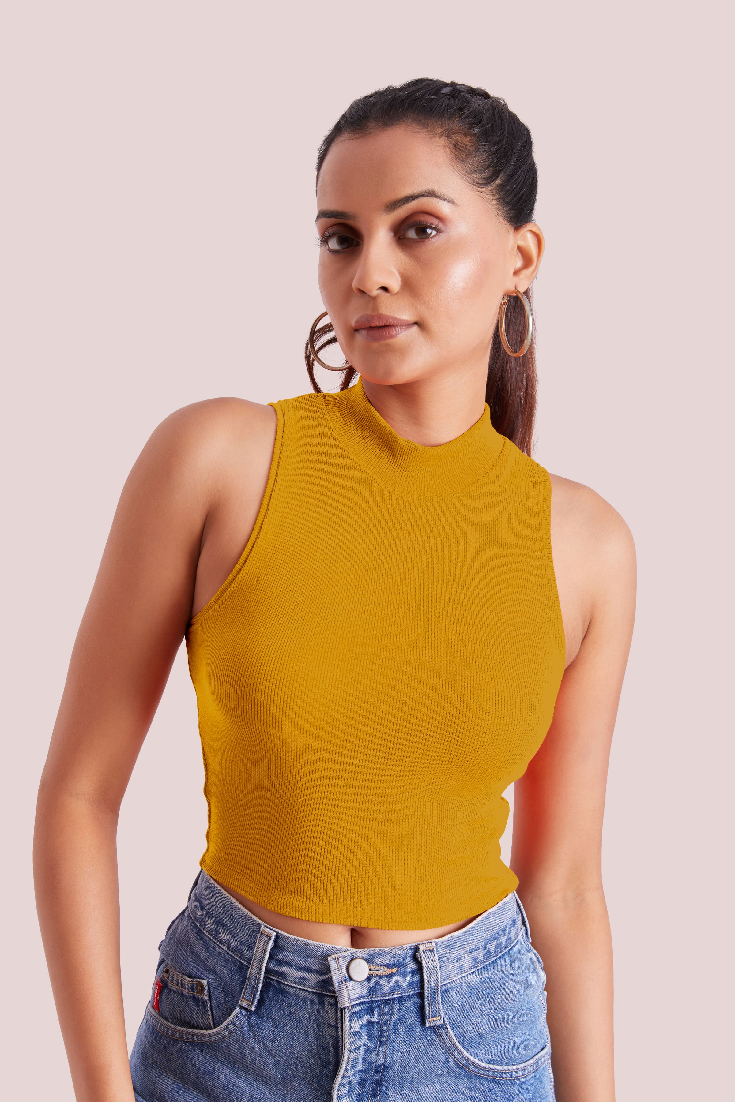 Mustard Yellow Ribbed High Neck Sleeveless Crop Top