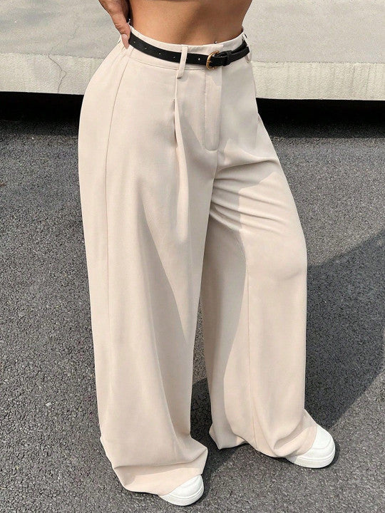 Chic High-Waist Beige Wide Leg Formal Trousers