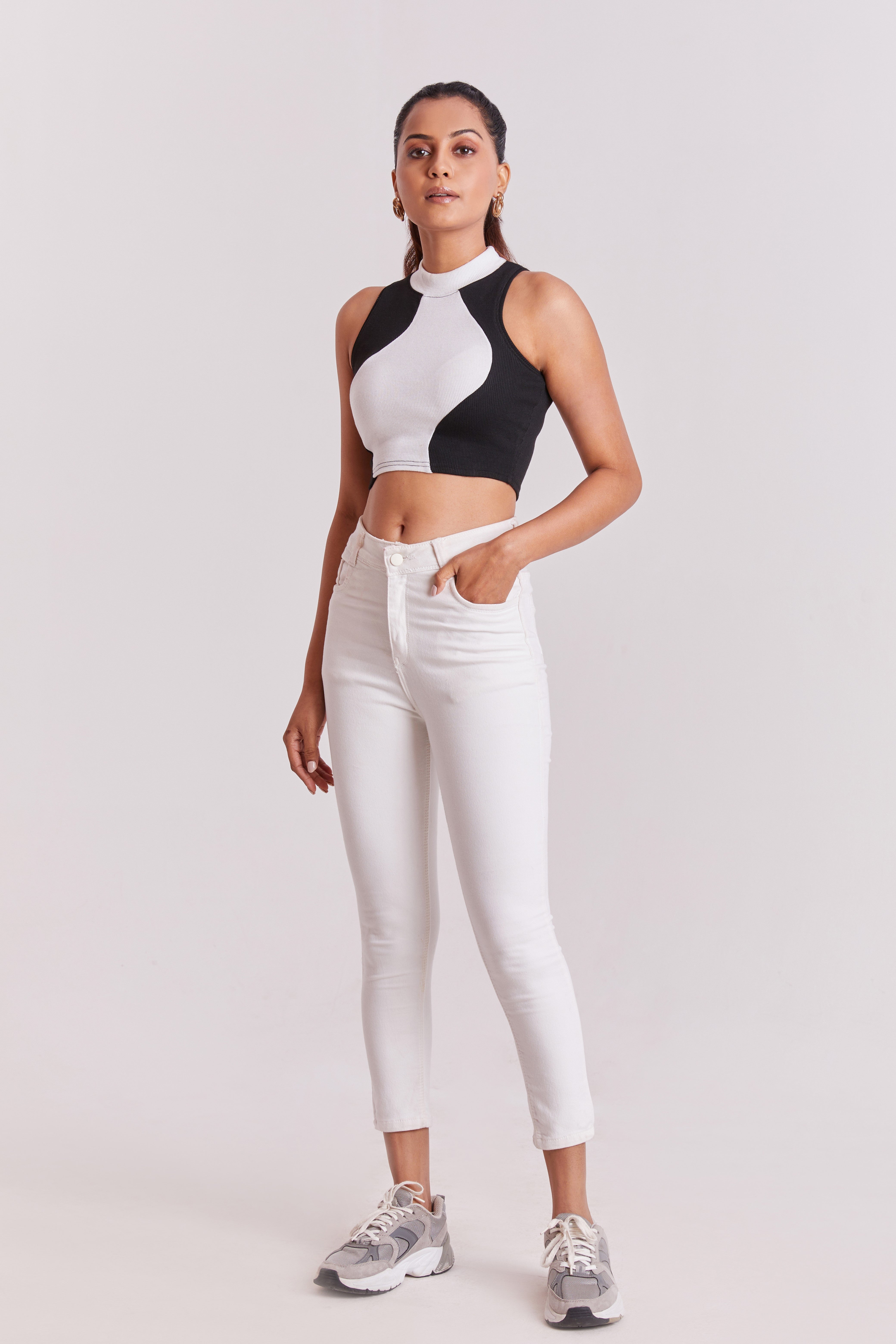 Black & White Ribbed High Neck Sleeveless Crop Top