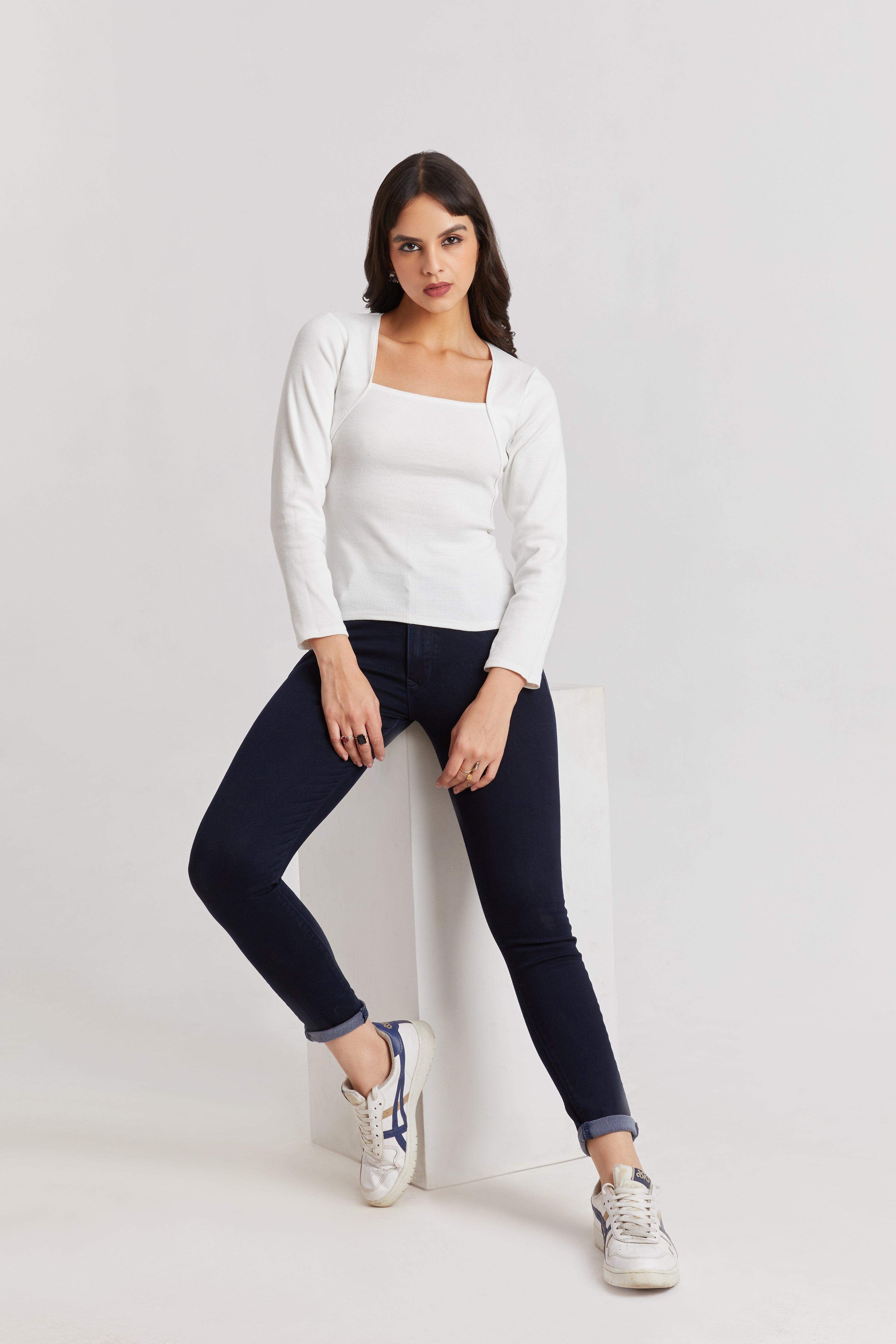 Black Ribbed Square Neck Top
