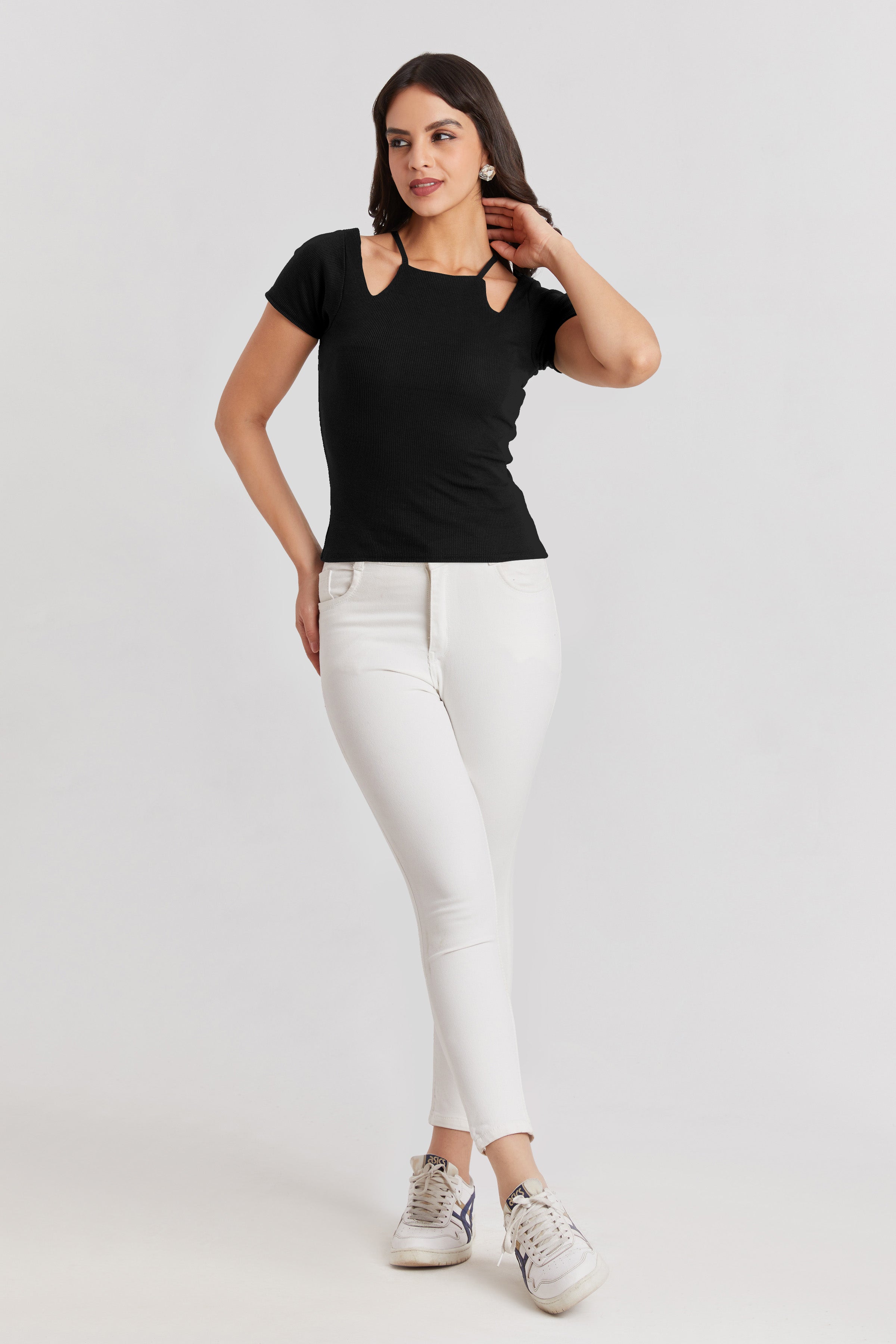 Midnight Black Ribbed Cutout Top