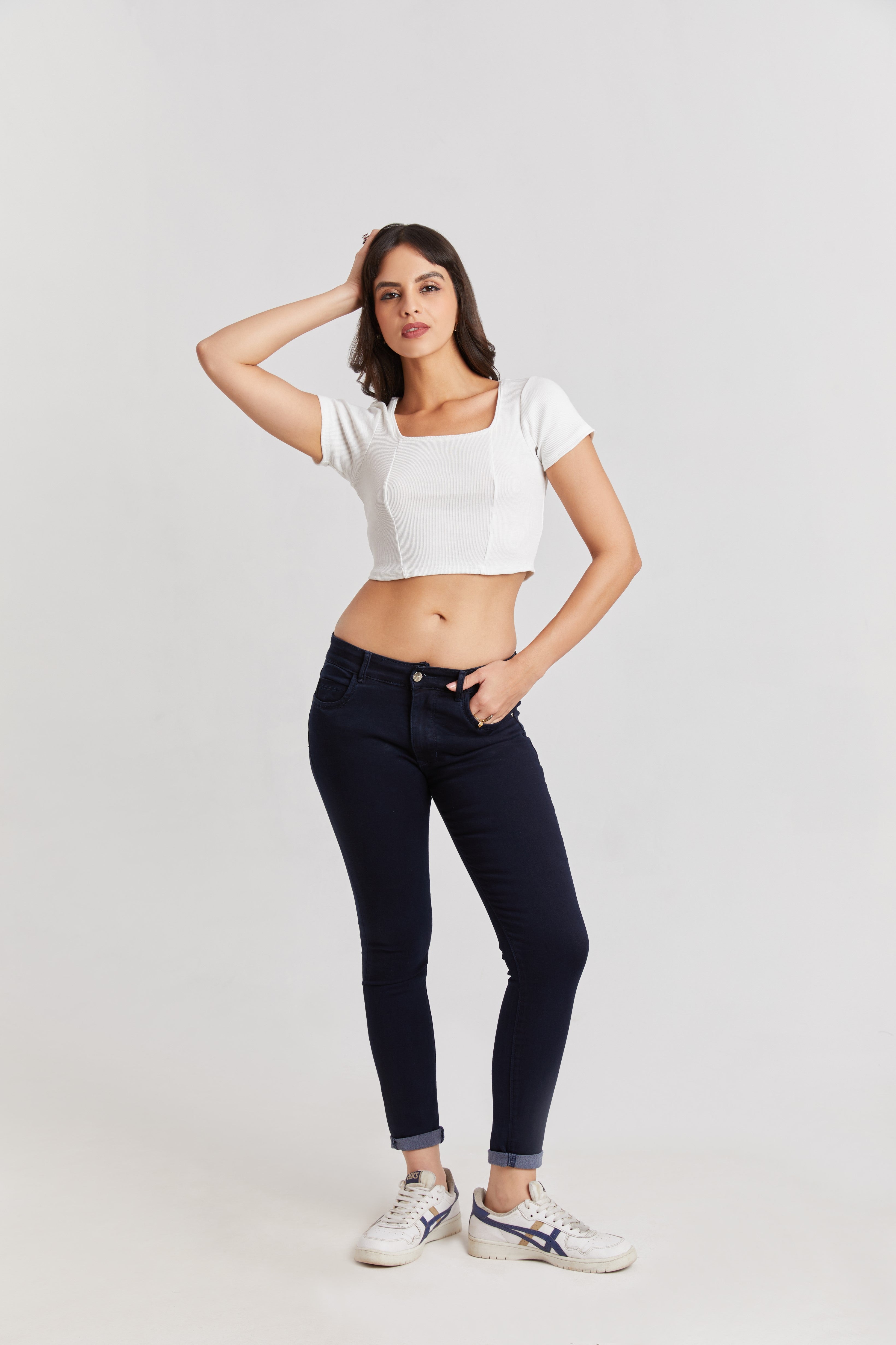 White Ribbed Square Neck Crop Top