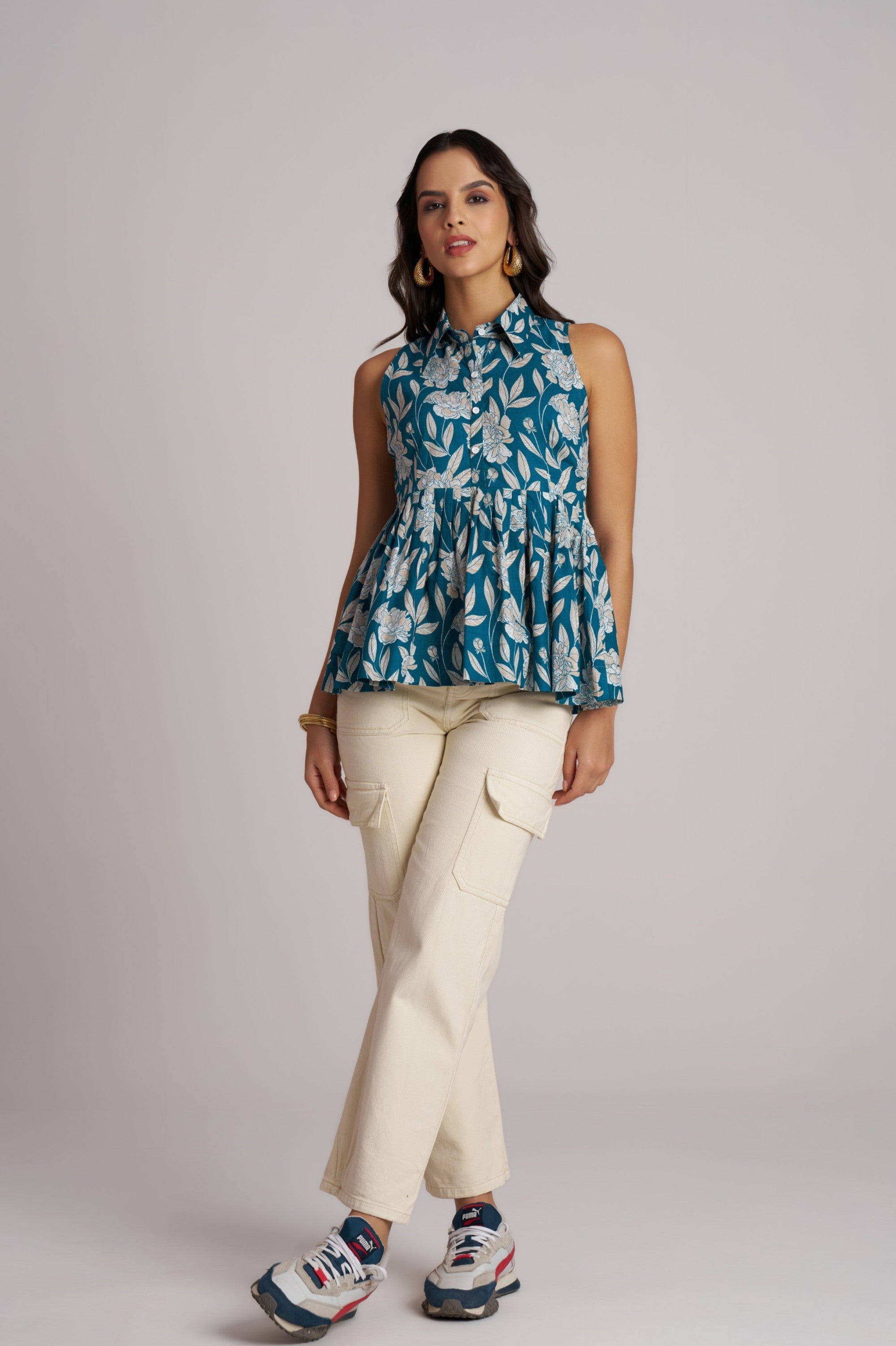 Teal Bloom Sleeveless Peplum Top