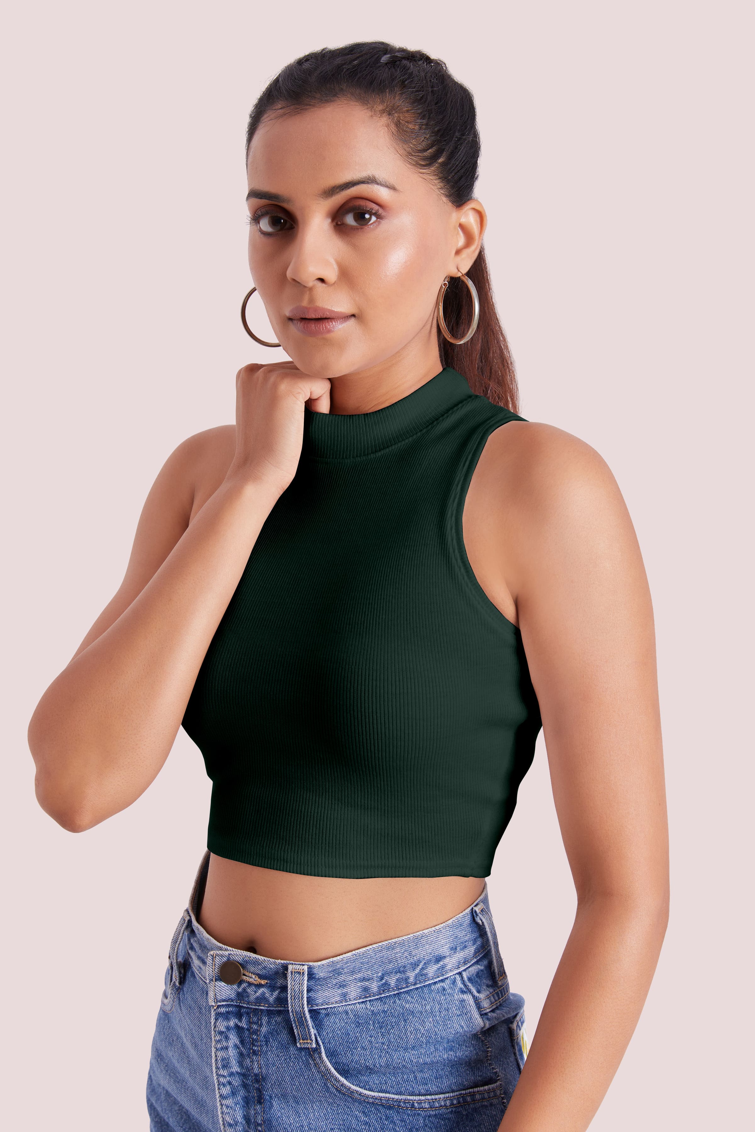 Forest Green Ribbed High Neck Sleeveless Crop Top