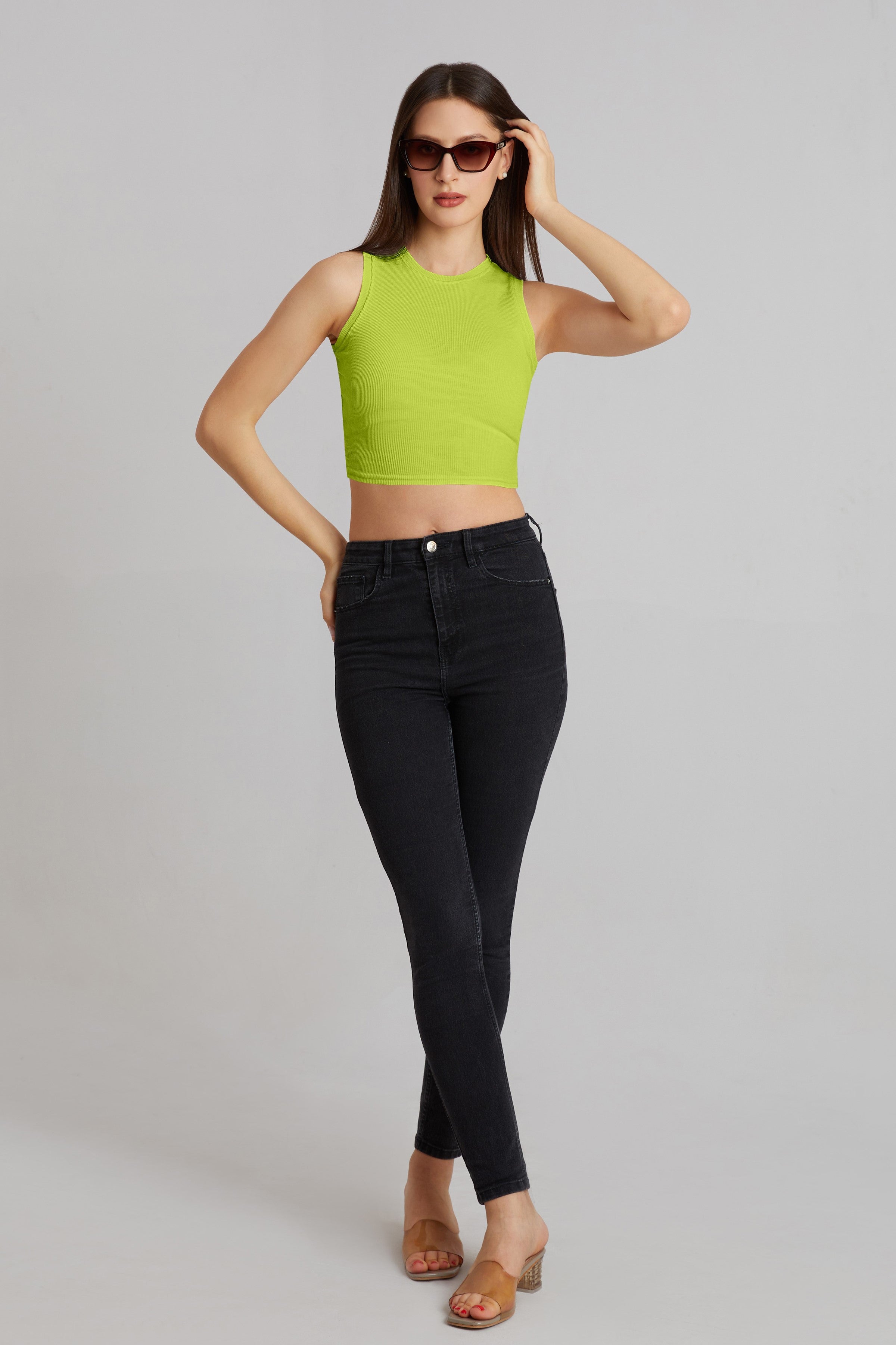 Vibrant Lime Green Ribbed Sleeveless Crop Top