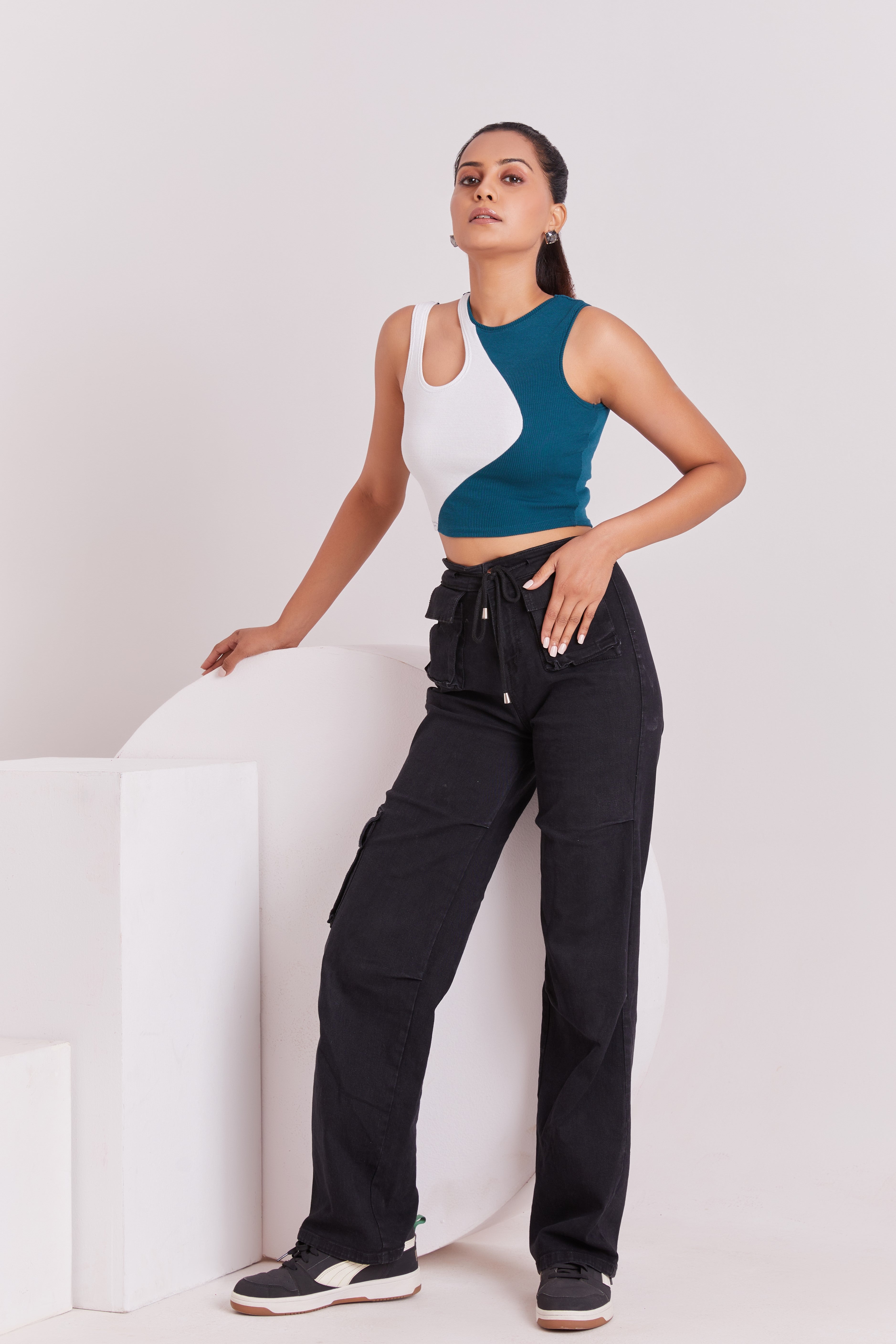 Black-Ribbed Sleeveless Cut-Out Tank Top