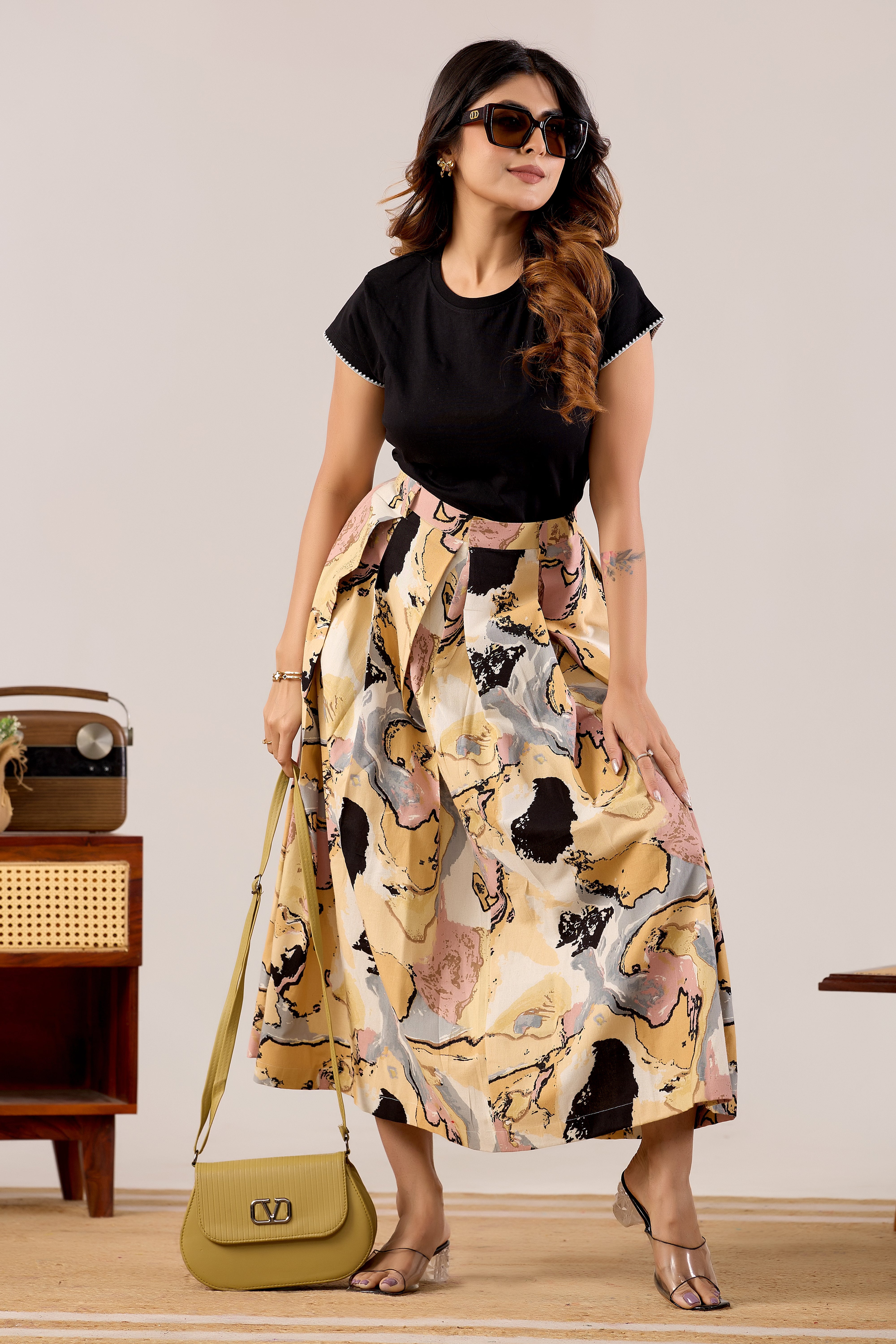 Desert Abstract Pleated Midi Skirt