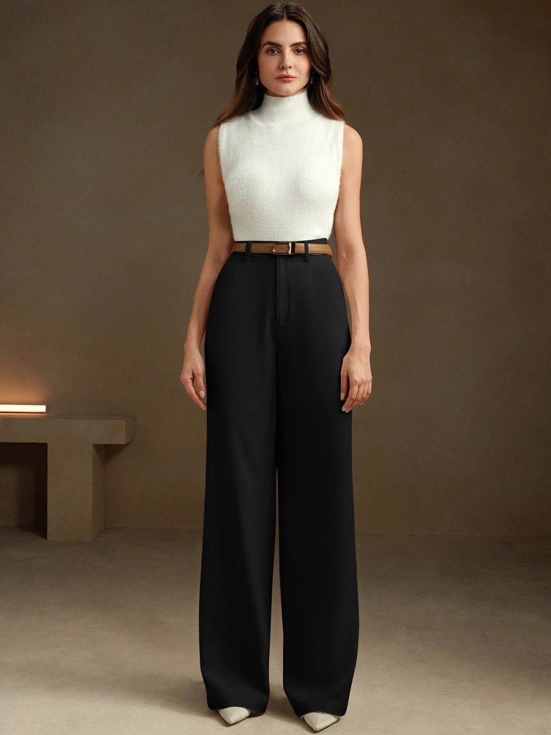 Elegant High-Waist Wide-Leg Trousers – Beige