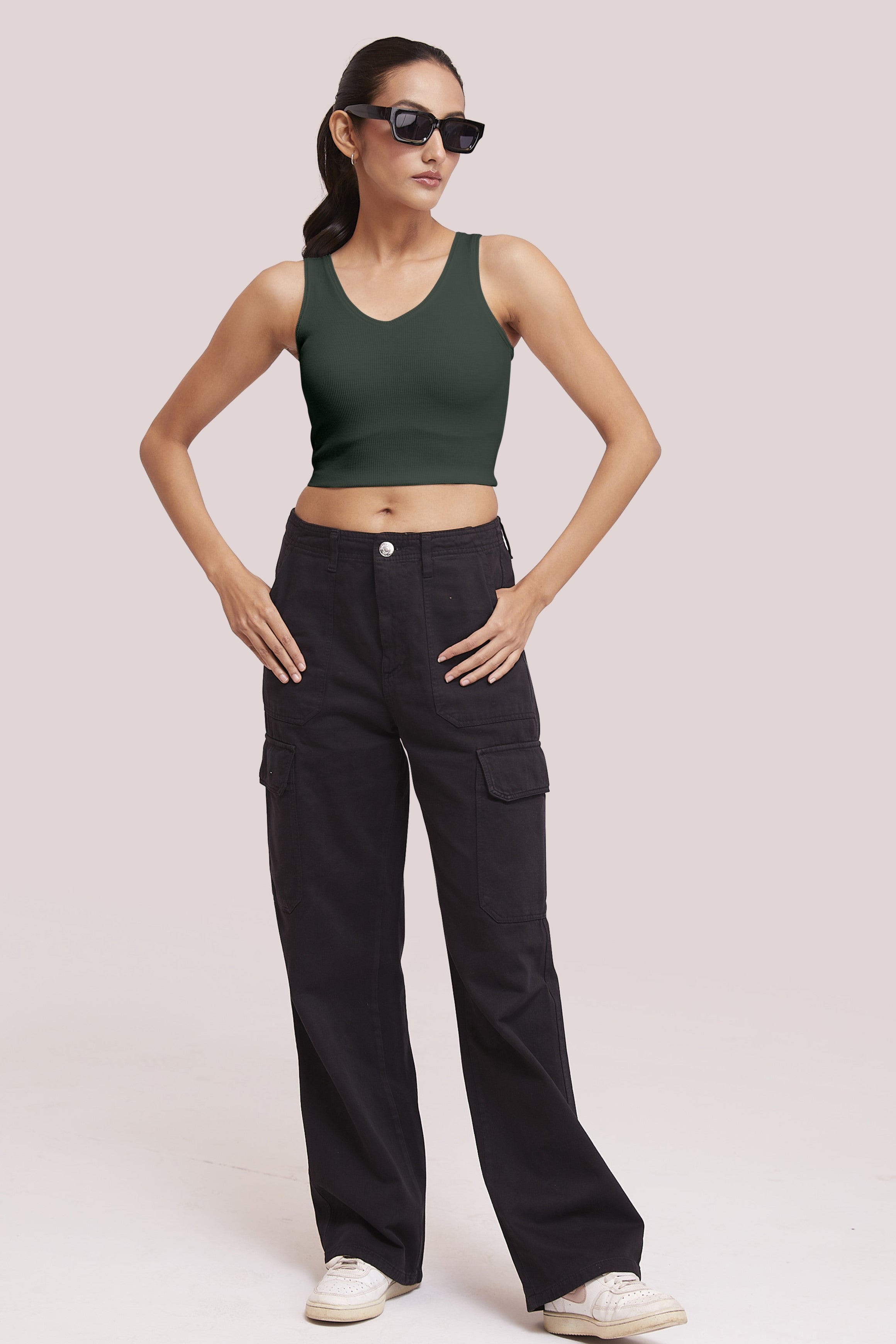 Forest Green Ribbed Scoop Neck Sleeveless Crop Top