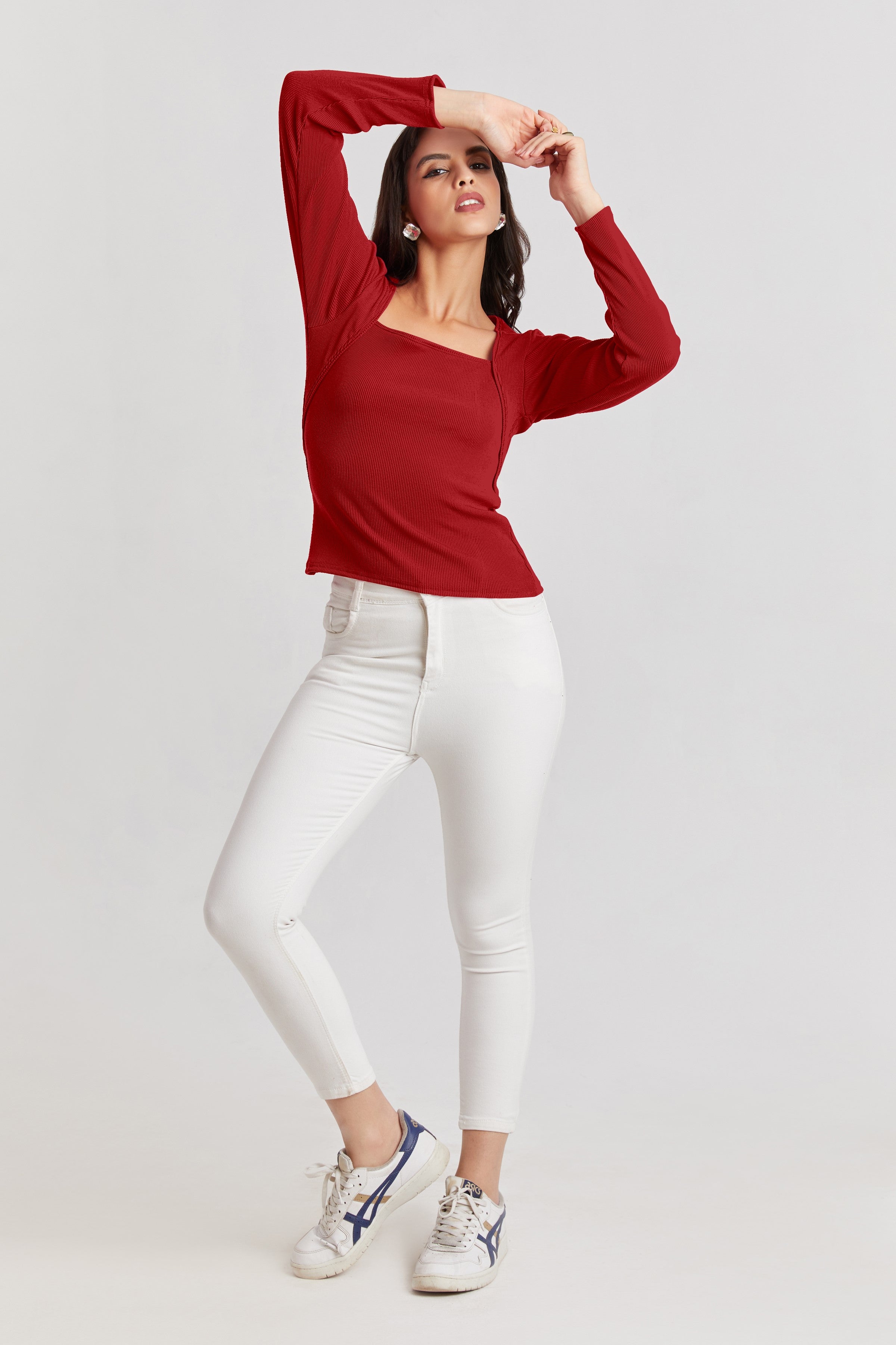Deep Red Ribbed Square Neck Top