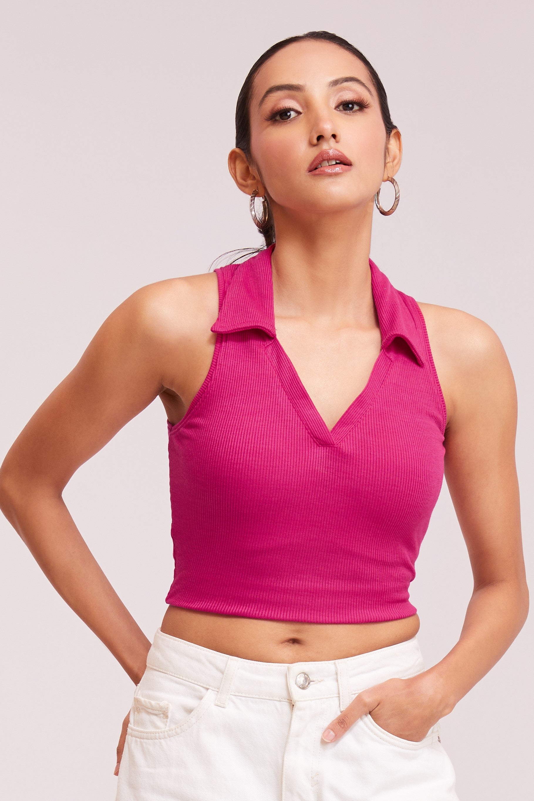 Black-Ribbed Collared Sleeveless Crop Top