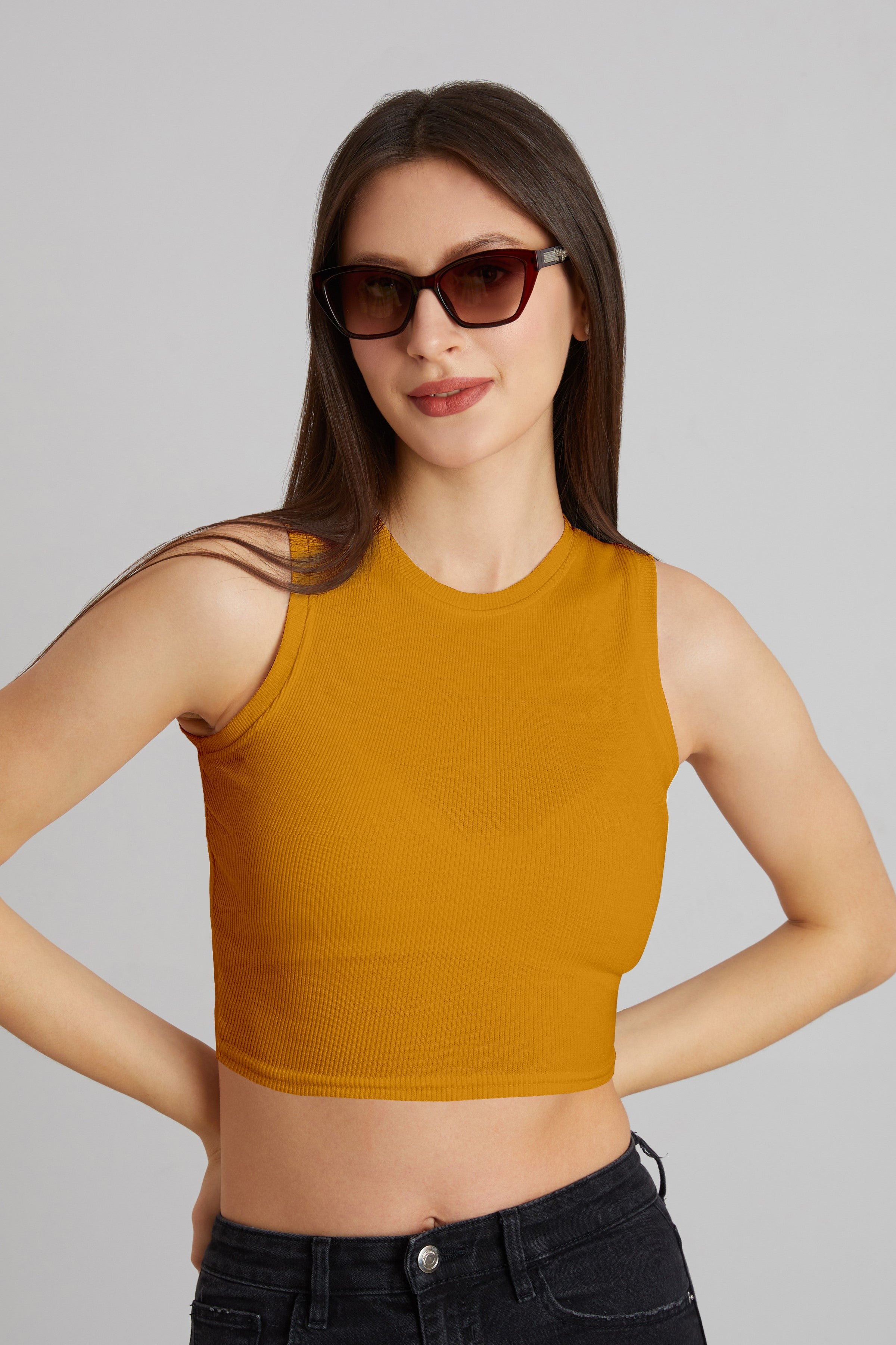 Bright Orange Ribbed Sleeveless Crop Top