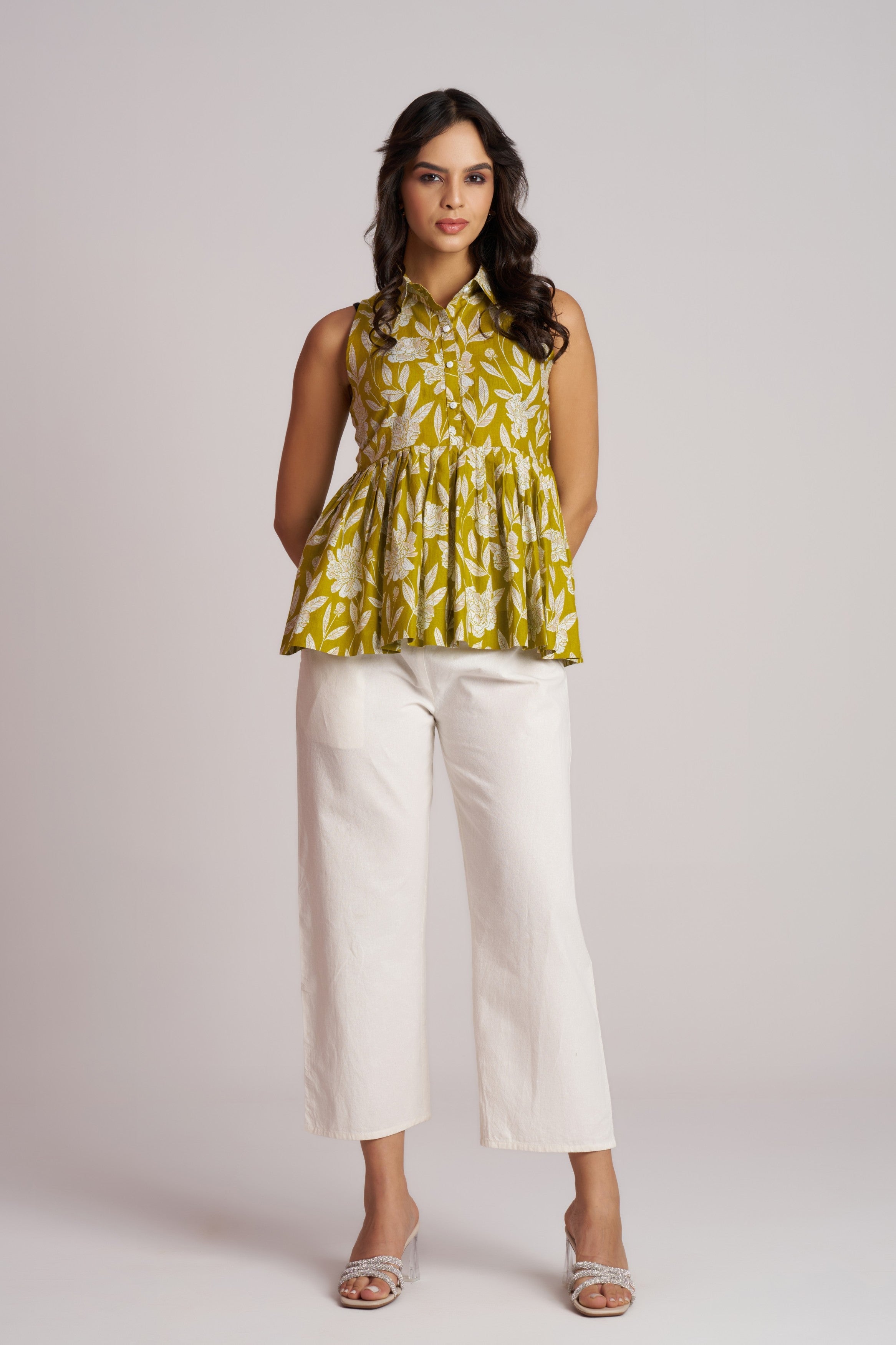 Olive Bloom Sleeveless Peplum Top