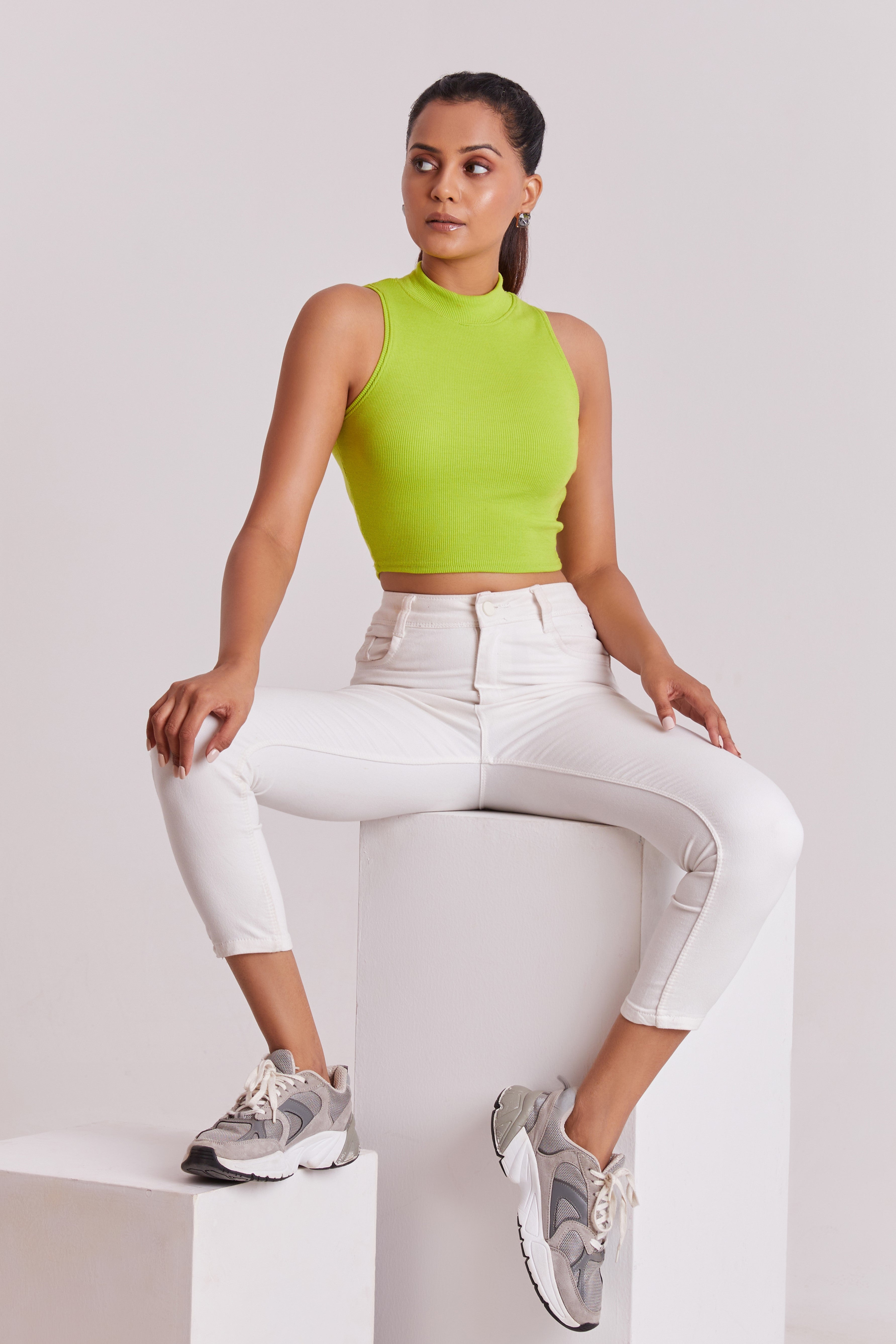 Neon Ribbed High Neck Sleeveless Crop Top